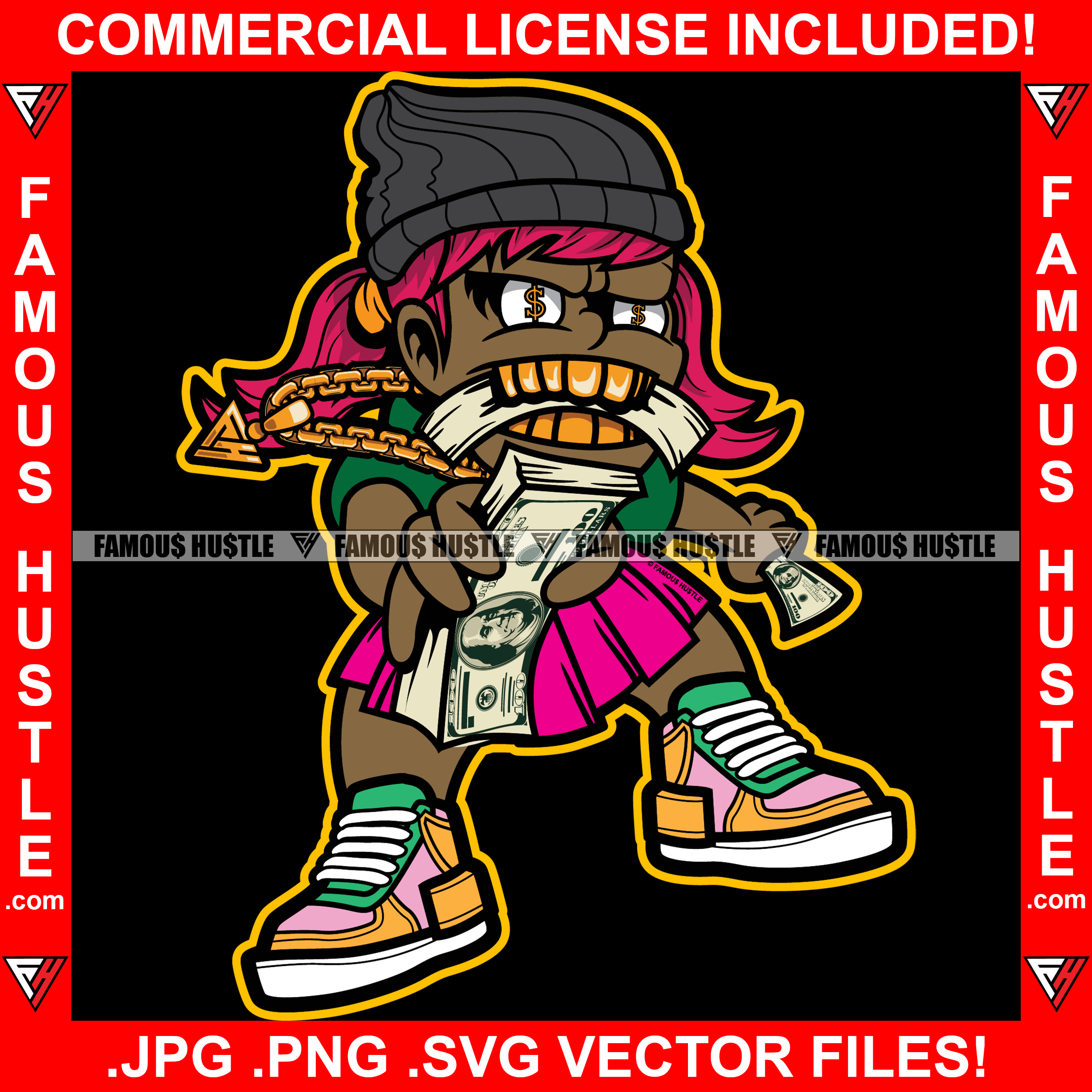 Gangster Girl Gold Teeth Eating Money Stack Dollar Sign Eyes Necklace Cash Hip Hop Rap Rapper Trap Street Hood Swag Thug Hustler Hustling Drip Savage Boss Famous Hustle Quote Art Graphic Design Logo T-Shirt Print Printing JPG PNG SVG Vector Cut File