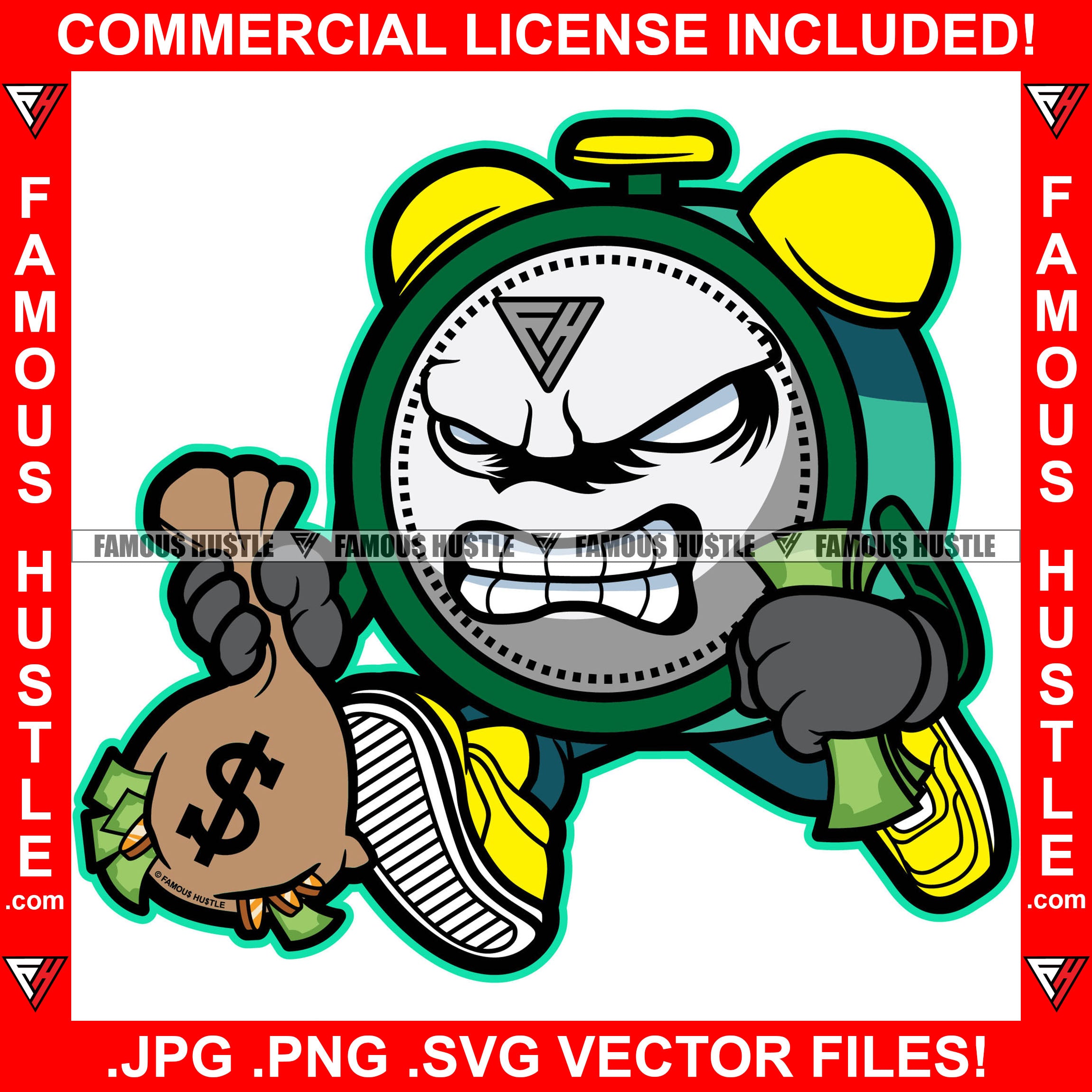 Gangster Alarm Clock Cartoon Character Running Money Bag Falling Cash Stack Hand Hip Hop Rap Rapper Plug Trap Street Hood Ghetto Thug Hustler Hustling Famous Hustle Trapper Art Graphic Design Logo T-Shirt Print Printing JPG PNG SVG Vector Cut File