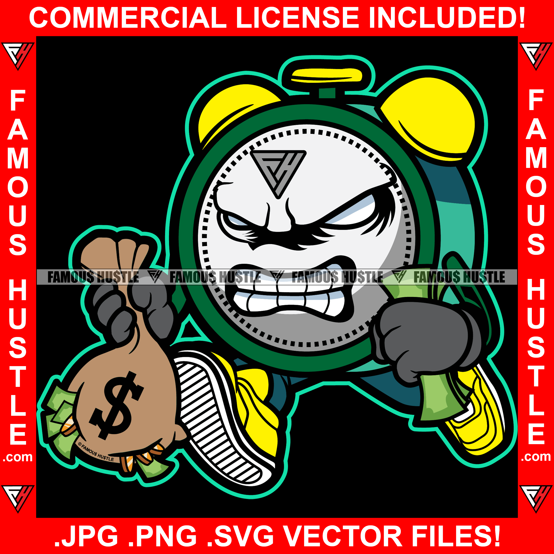 Gangster Alarm Clock Cartoon Character Running Money Bag Falling Cash Stack Hand Hip Hop Rap Rapper Plug Trap Street Hood Ghetto Thug Hustler Hustling Famous Hustle Trapper Art Graphic Design Logo T-Shirt Print Printing JPG PNG SVG Vector Cut File