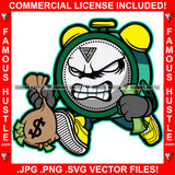 Gangster Alarm Clock Cartoon Character Running Money Bag Falling Cash Stack Hand Hip Hop Rap Rapper Plug Trap Street Hood Ghetto Thug Hustler Hustling Famous Hustle Trapper Art Graphic Design Logo T-Shirt Print Printing JPG PNG SVG Vector Cut File