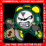 Gangster Alarm Clock Cartoon Character Running Money Bag Falling Cash Stack Hand Hip Hop Rap Rapper Plug Trap Street Hood Ghetto Thug Hustler Hustling Famous Hustle Trapper Art Graphic Design Logo T-Shirt Print Printing JPG PNG SVG Vector Cut File