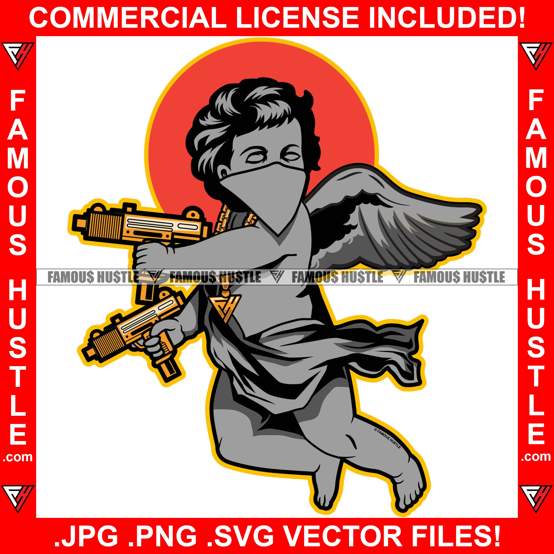 Famous Hustle Gangster Angel Wings Statue Bandanna Face Mask Gold Jewelry Holding Machine Gun Hip Hop Rap Rapper Plug Trap Street Trapper Trench Gang Member Art Graphic Design Logo T-Shirt Print Printing JPG PNG SVG Vector Cut File