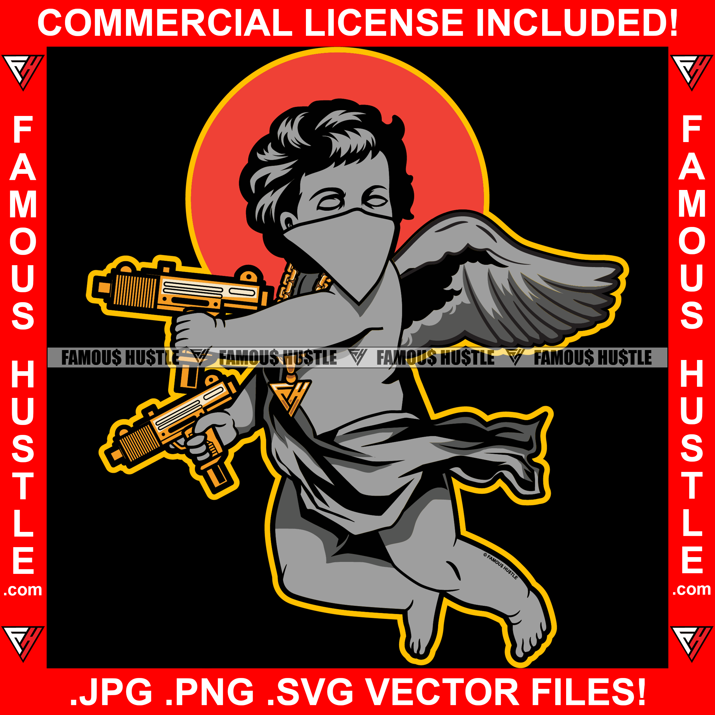 Famous Hustle Gangster Angel Wings Statue Bandanna Face Mask Gold Jewelry Holding Machine Gun Hip Hop Rap Rapper Plug Trap Street Trapper Trench Gang Member Art Graphic Design Logo T-Shirt Print Printing JPG PNG SVG Vector Cut File