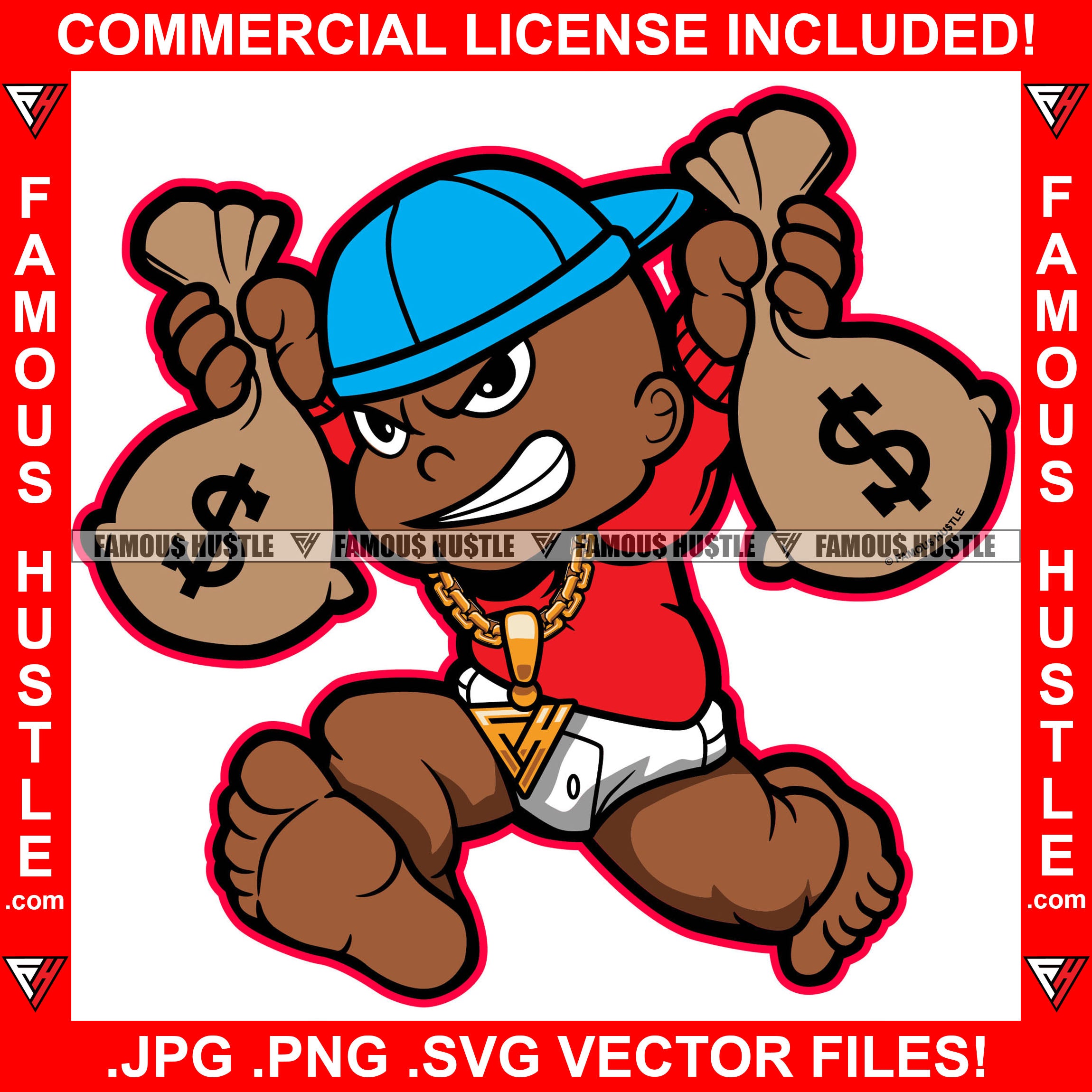 Famous Hustle Gangster Black Baby Boy Diaper Running Money Bag Gold Chain Necklace Child Kid Cash Hip Hop Rap Trap Street Hood Ghetto Thug Hustler Drip Rich Hustling Rich Art Graphic Design Logo T-Shirt Print Printing JPG PNG SVG Vector Cut File