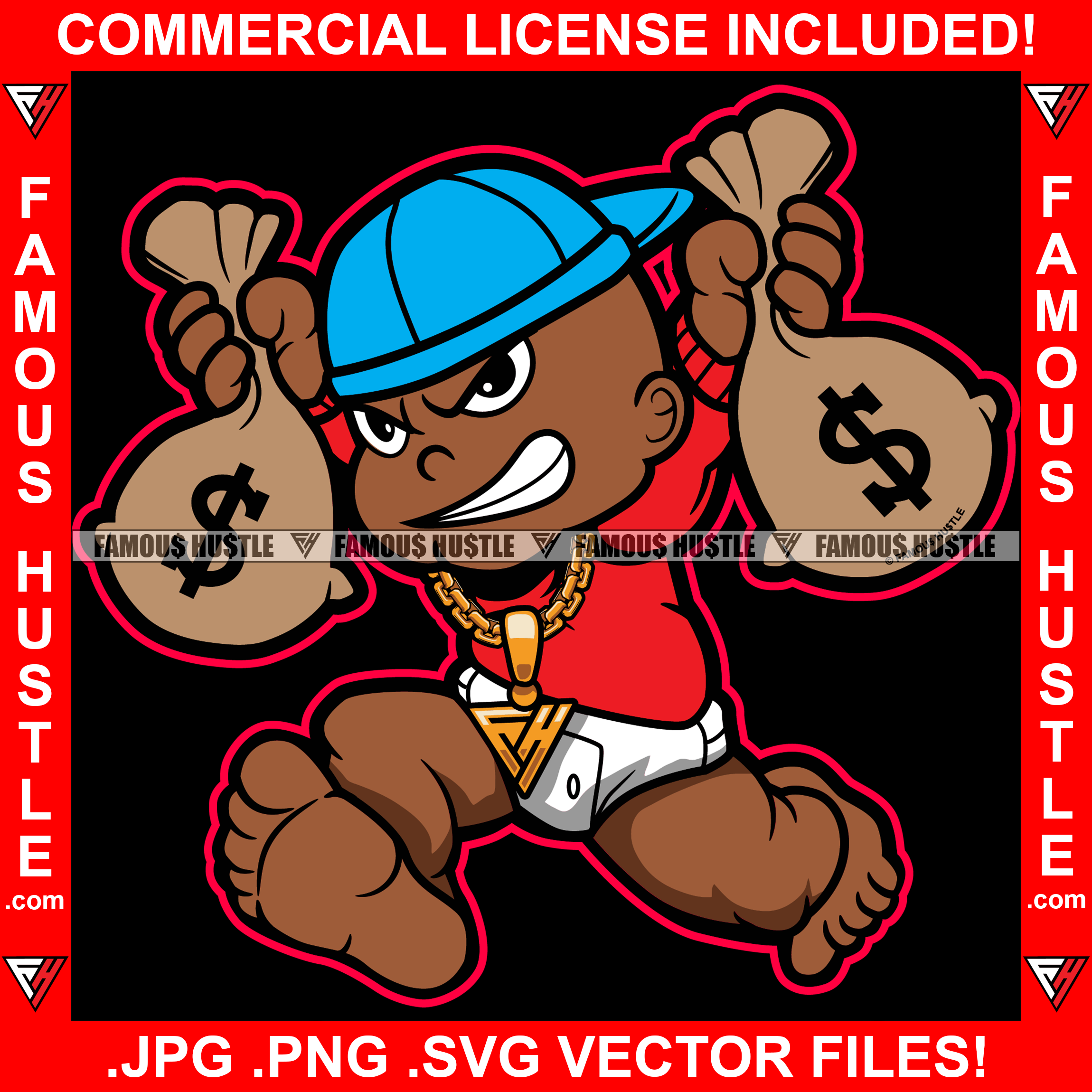 Famous Hustle Gangster Black Baby Boy Diaper Running Money Bag Gold Chain Necklace Child Kid Cash Hip Hop Rap Trap Street Hood Ghetto Thug Hustler Drip Rich Hustling Rich Art Graphic Design Logo T-Shirt Print Printing JPG PNG SVG Vector Cut File