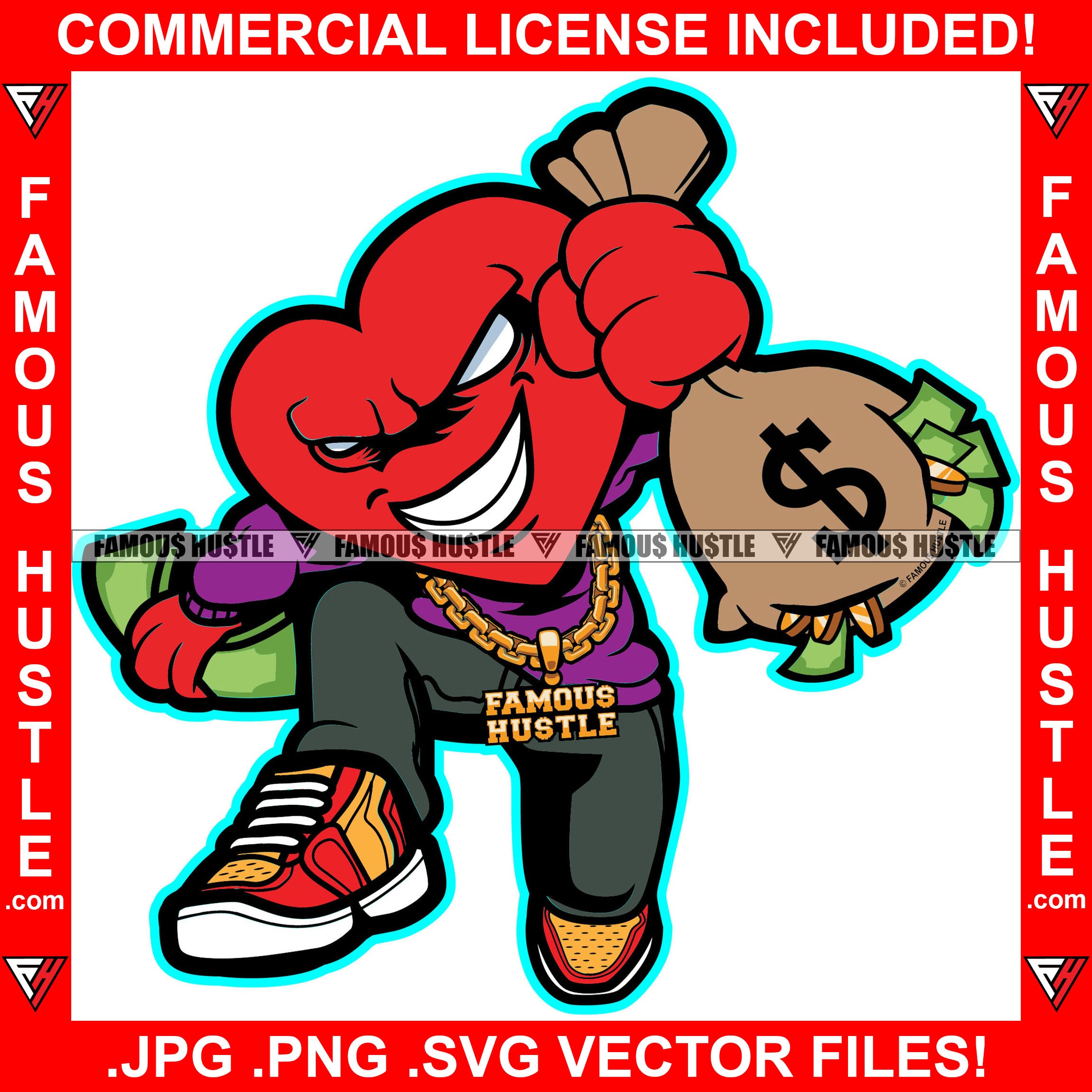 Gangster Hustle Heart Cartoon Character Gold Chain Jewelry Cash Bag Money Coming Out Gangster Tattoo Hip Hop Rap Plug Trap Street Hood Ghetto Thug Hustler Drip Famous Trapper Art Graphic Design Logo T-Shirt Print Printing JPG PNG SVG Vector Cut File