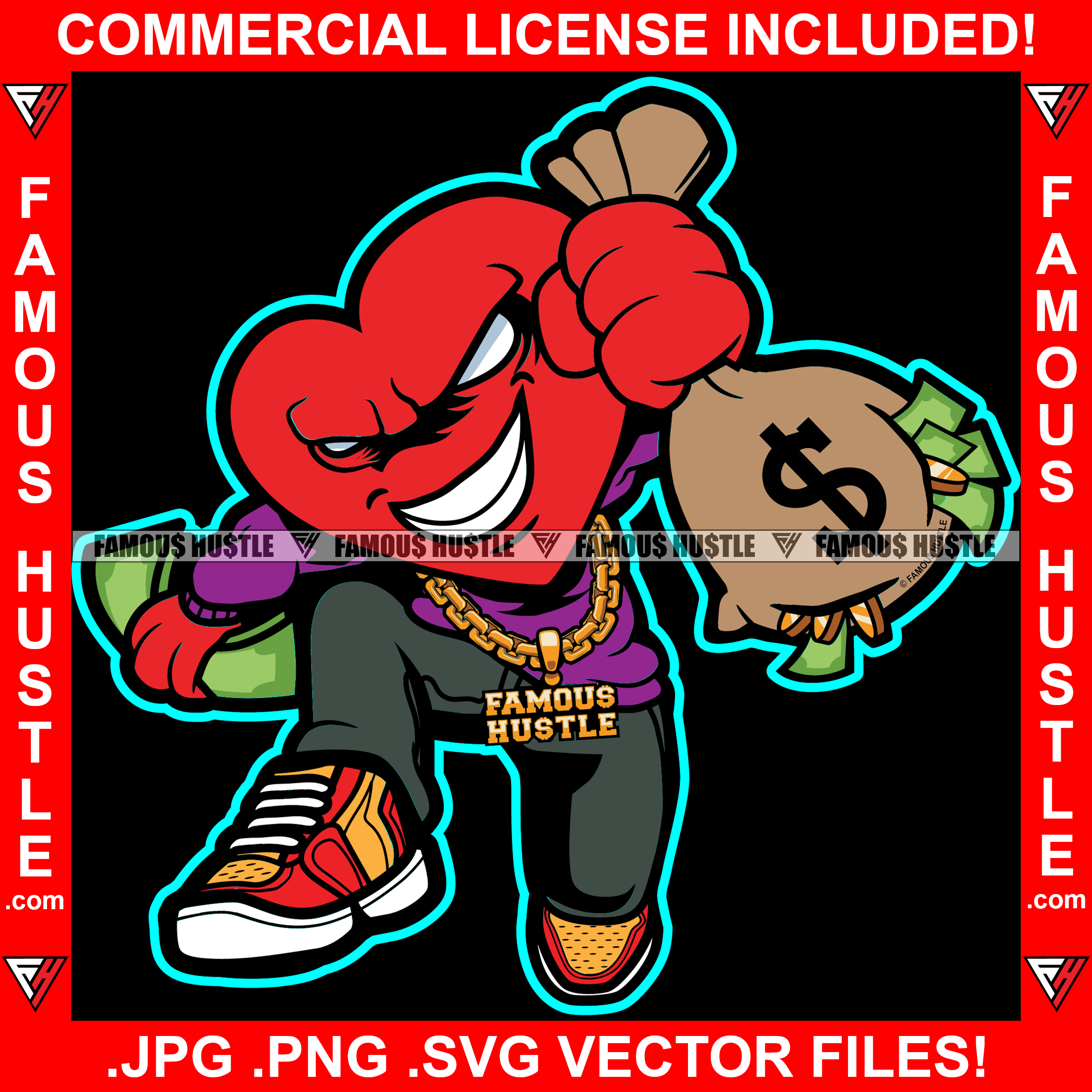 Gangster Hustle Heart Cartoon Character Gold Chain Jewelry Cash Bag Money Coming Out Gangster Tattoo Hip Hop Rap Plug Trap Street Hood Ghetto Thug Hustler Drip Famous Trapper Art Graphic Design Logo T-Shirt Print Printing JPG PNG SVG Vector Cut File