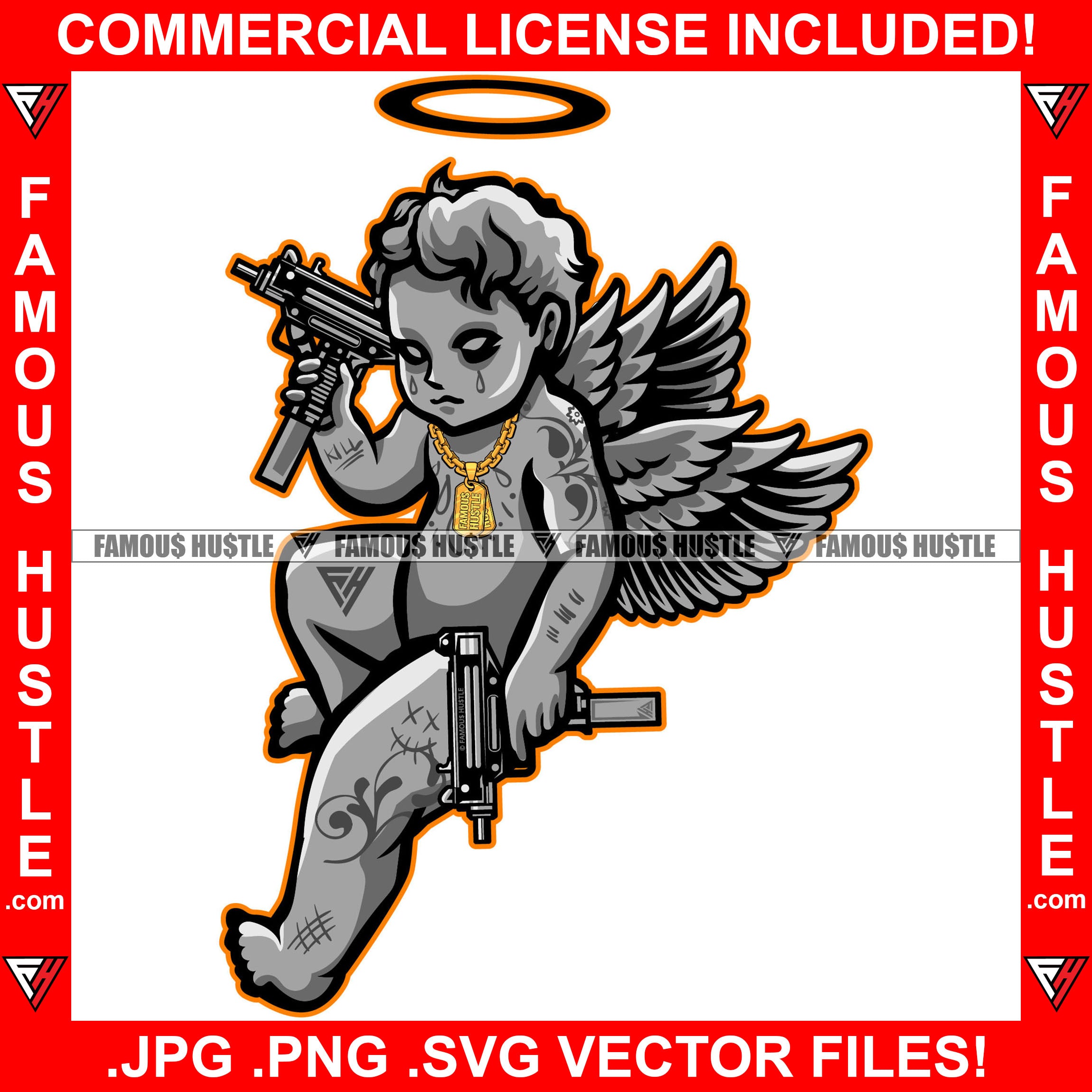 Gangster Demon Statue Crying Tattoo Tears Angel Wings Halo Tattoo Gold Chain Machine Gun Eyes Gang Member Hip Hop Rap Trap Street Hood Ghetto Thug Hustler Hustling Famous Hustle Art Graphic Design Logo T-Shirt Print Printing JPG PNG SVG Vector Cut File