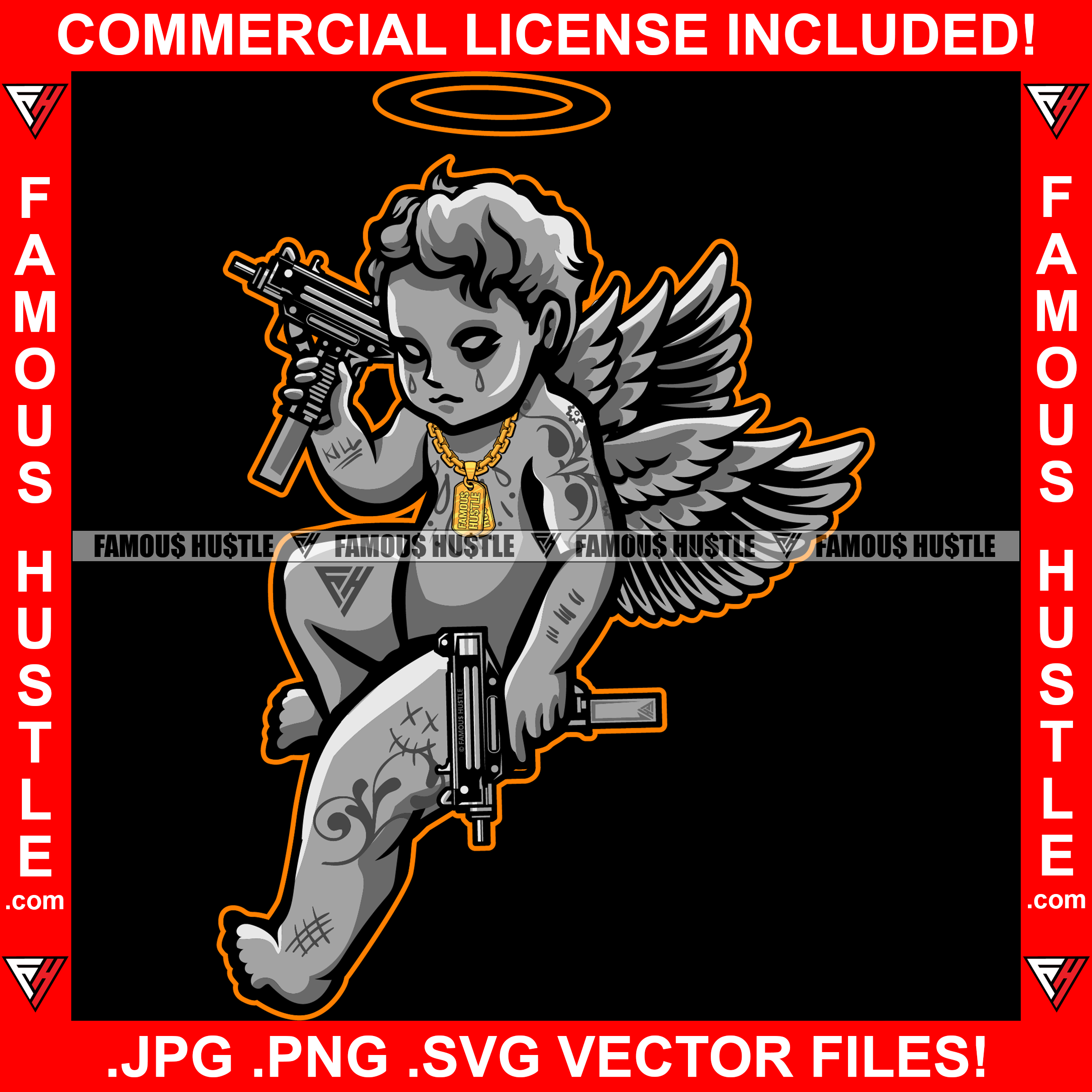 Gangster Demon Statue Crying Tattoo Tears Angel Wings Halo Tattoo Gold Chain Machine Gun Eyes Gang Member Hip Hop Rap Trap Street Hood Ghetto Thug Hustler Hustling Famous Hustle Art Graphic Design Logo T-Shirt Print Printing JPG PNG SVG Vector Cut File