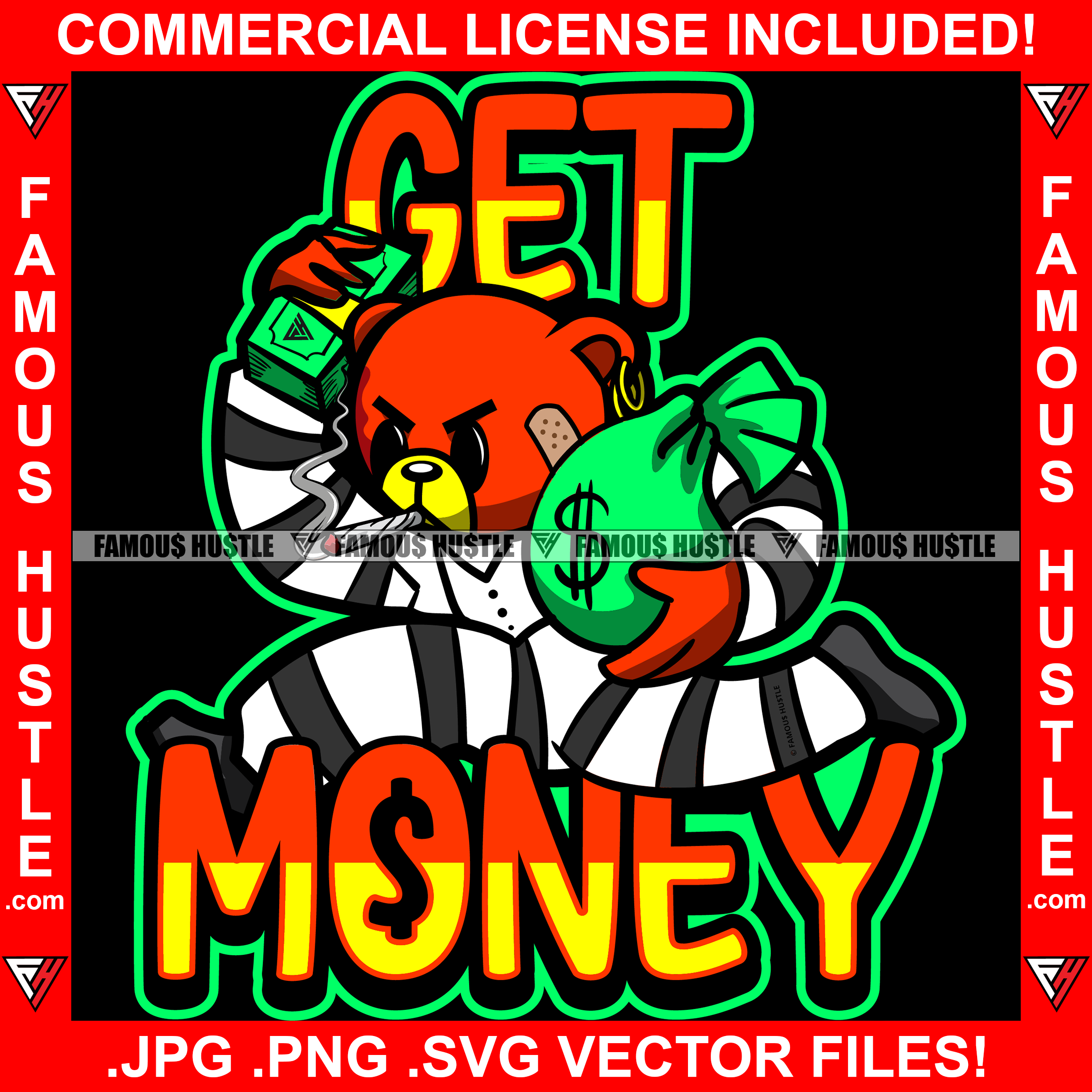 Get Money Teddy Bear Escaping Prison Uniform Smoking Cigar Blunt Scar Face Money Bag Cash Tattoo Hip Hop Rap Hustler Drip Thug Gang Street Mafia Mob Ghetto Famous Hustle Quote Art Graphic Design Logo T-Shirt Print Printing JPG PNG SVG Vector Cut File