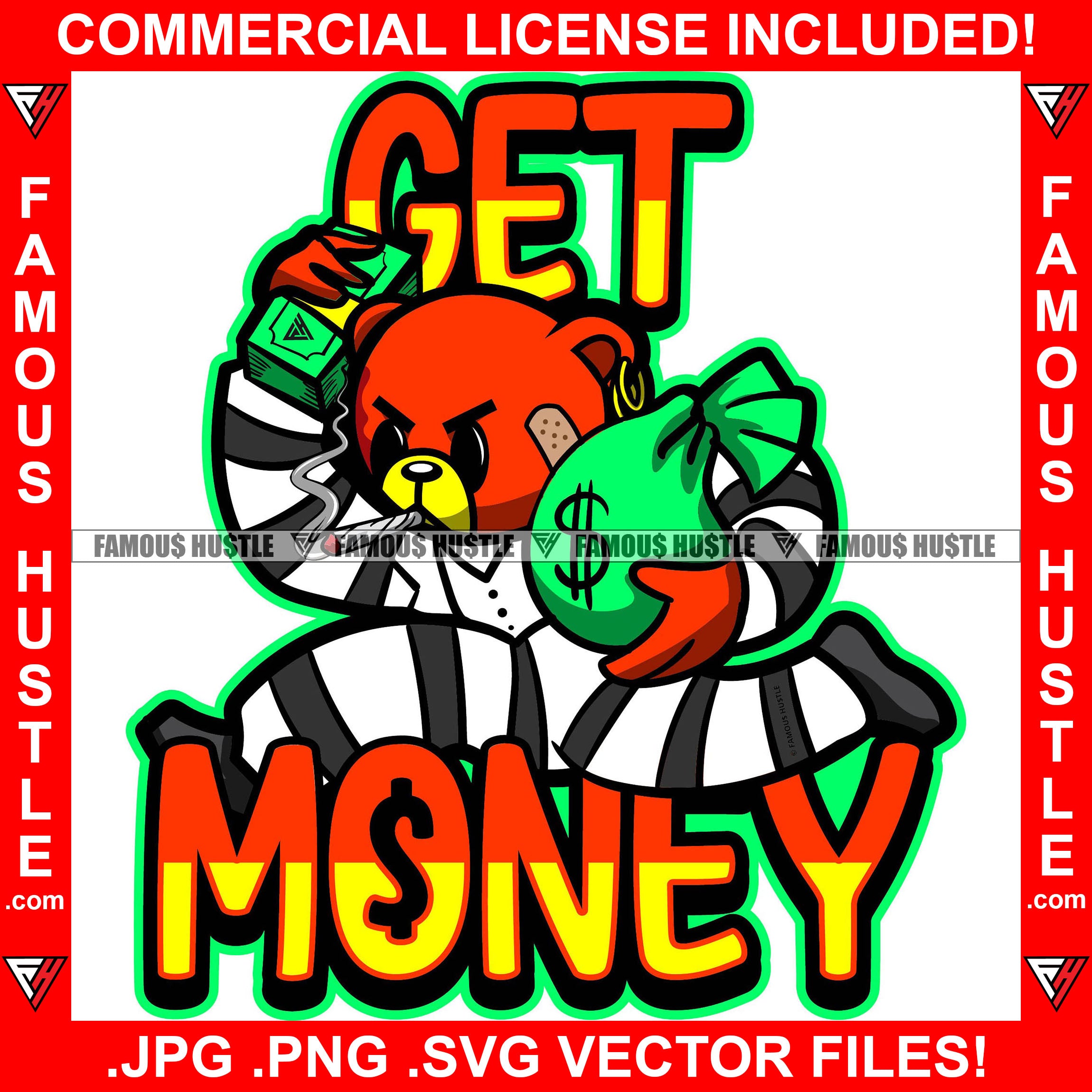 Get Money Teddy Bear Escaping Prison Uniform Smoking Cigar Blunt Scar Face Money Bag Cash Tattoo Hip Hop Rap Hustler Drip Thug Gang Street Mafia Mob Ghetto Famous Hustle Quote Art Graphic Design Logo T-Shirt Print Printing JPG PNG SVG Vector Cut File