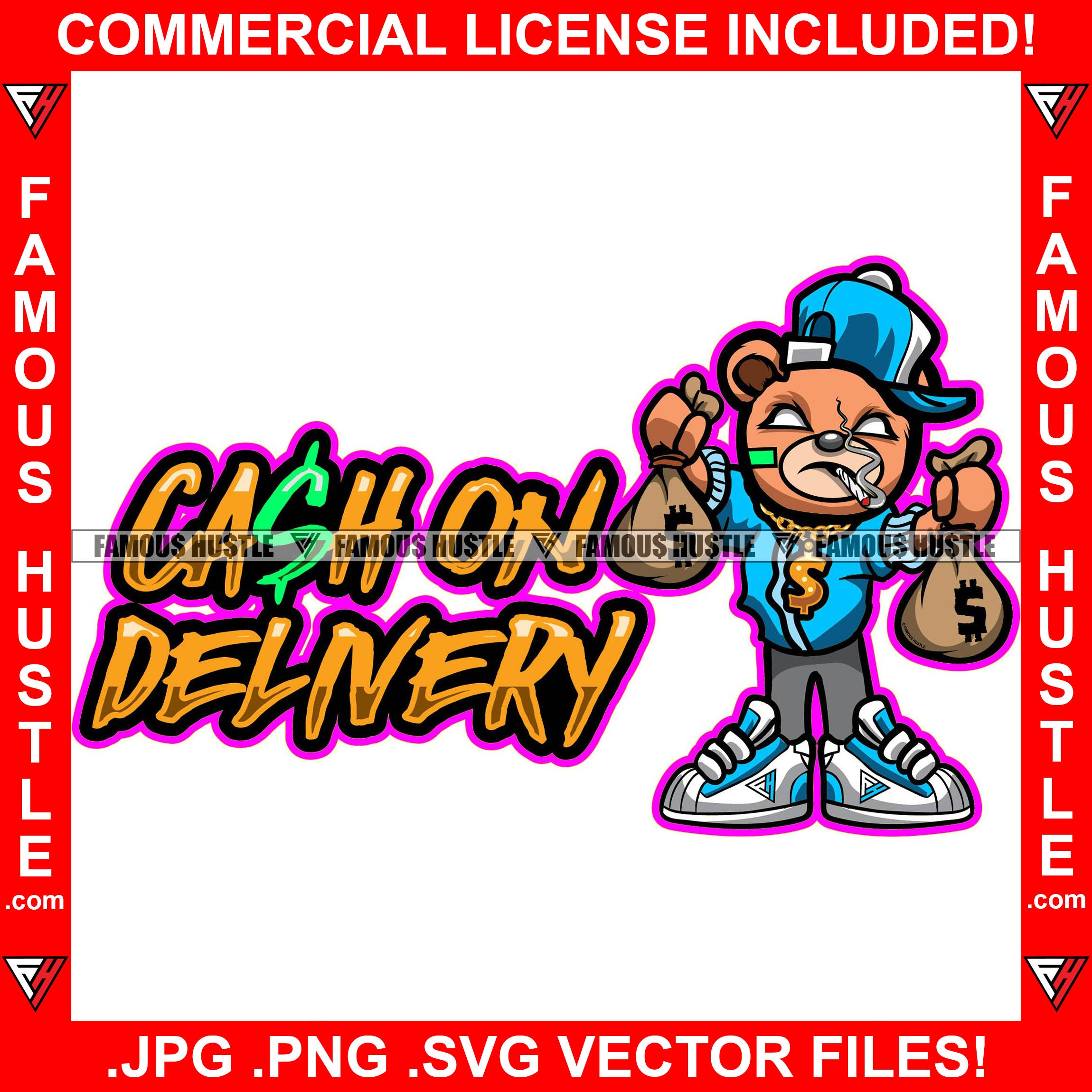 Cash On Delivery Gangster Teddy Bear Smoking Marijuana Cash Money Bags Gold Necklace Sneakers Hat To Side Tattoo Hip Hop Rap Hustler Trap Hood Street Ghetto Famous Hustle Quote Art Graphic Design Logo T-Shirt Print Printing JPG PNG SVG Vector Cut File