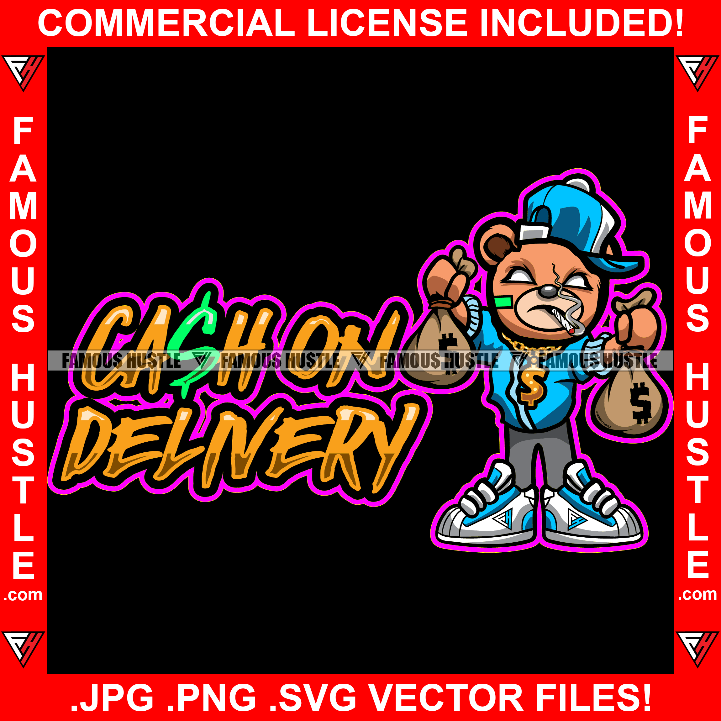 Cash On Delivery Gangster Teddy Bear Smoking Marijuana Cash Money Bags Gold Necklace Sneakers Hat To Side Tattoo Hip Hop Rap Hustler Trap Hood Street Ghetto Famous Hustle Quote Art Graphic Design Logo T-Shirt Print Printing JPG PNG SVG Vector Cut File