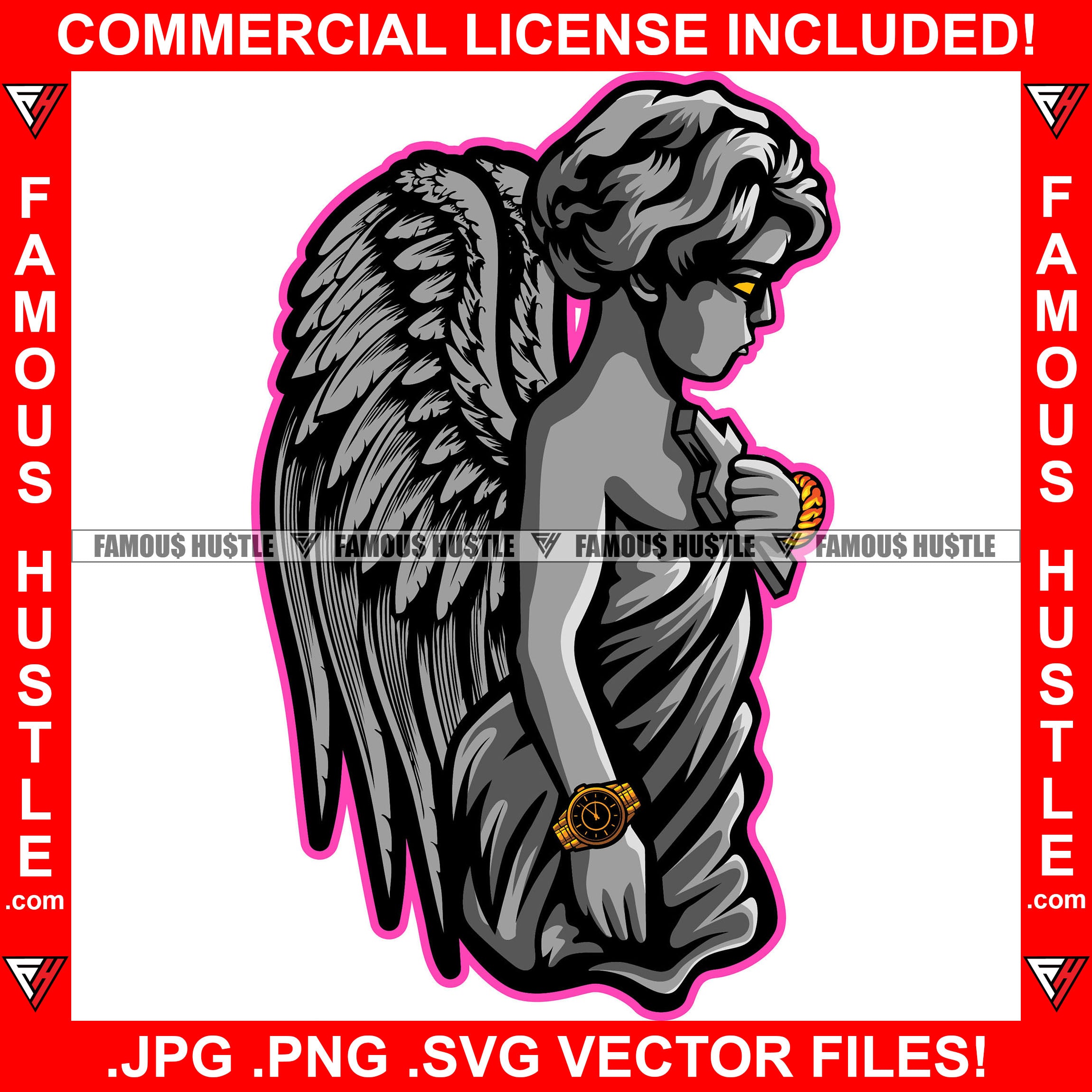 Gangster Baby Statue Angel Wings Machine Gun In Trap We Trust Gold Jewelry Plug Trap Street Hood Ghetto Swag Thug Boss Hustler Drip Dripping Famous Hustle Art Graphic Design Logo T-Shirt Print Printing JPG PNG SVG Vector Cut File