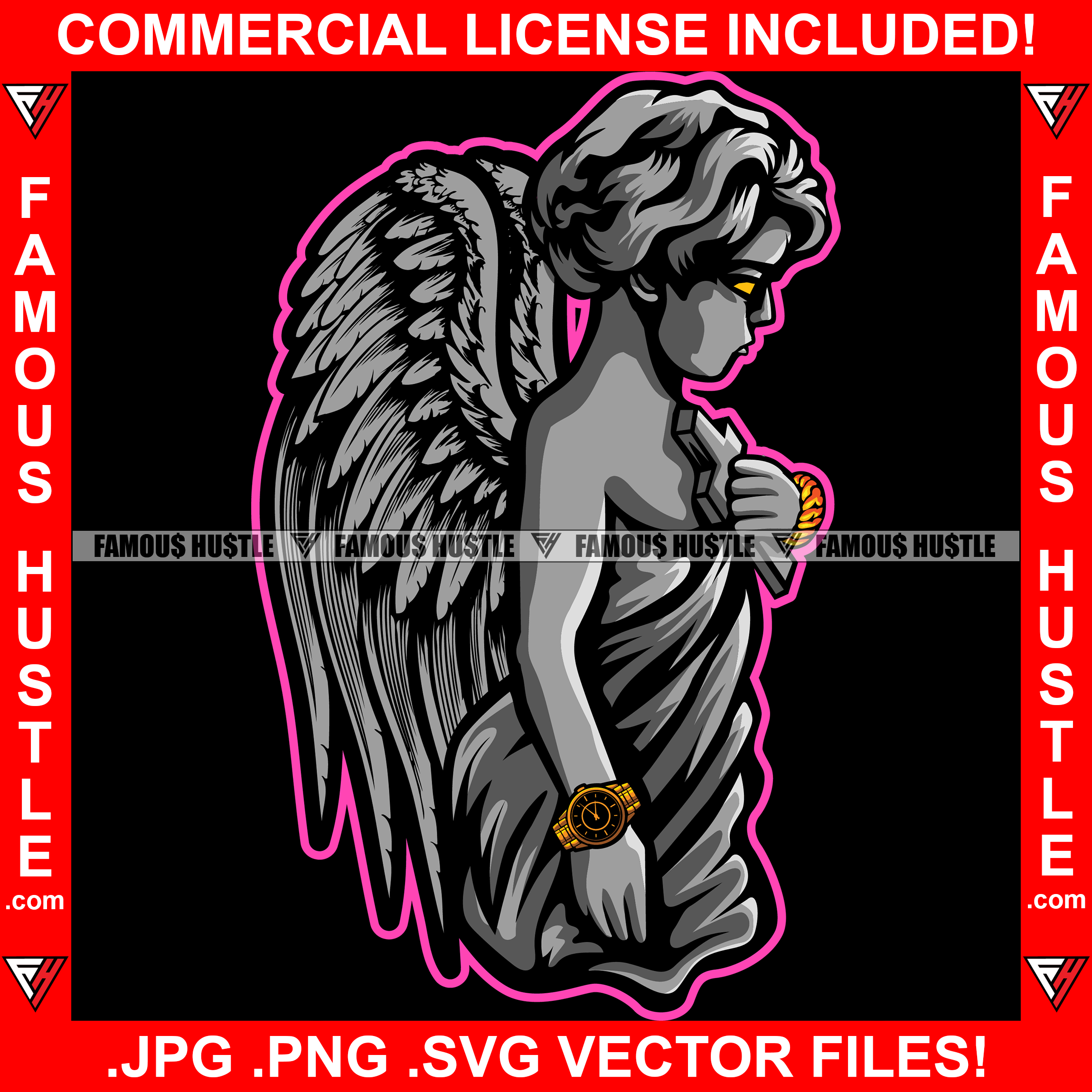 Gangster Baby Statue Angel Wings Machine Gun In Trap We Trust Gold Jewelry Plug Trap Street Hood Ghetto Swag Thug Boss Hustler Drip Dripping Famous Hustle Art Graphic Design Logo T-Shirt Print Printing JPG PNG SVG Vector Cut File