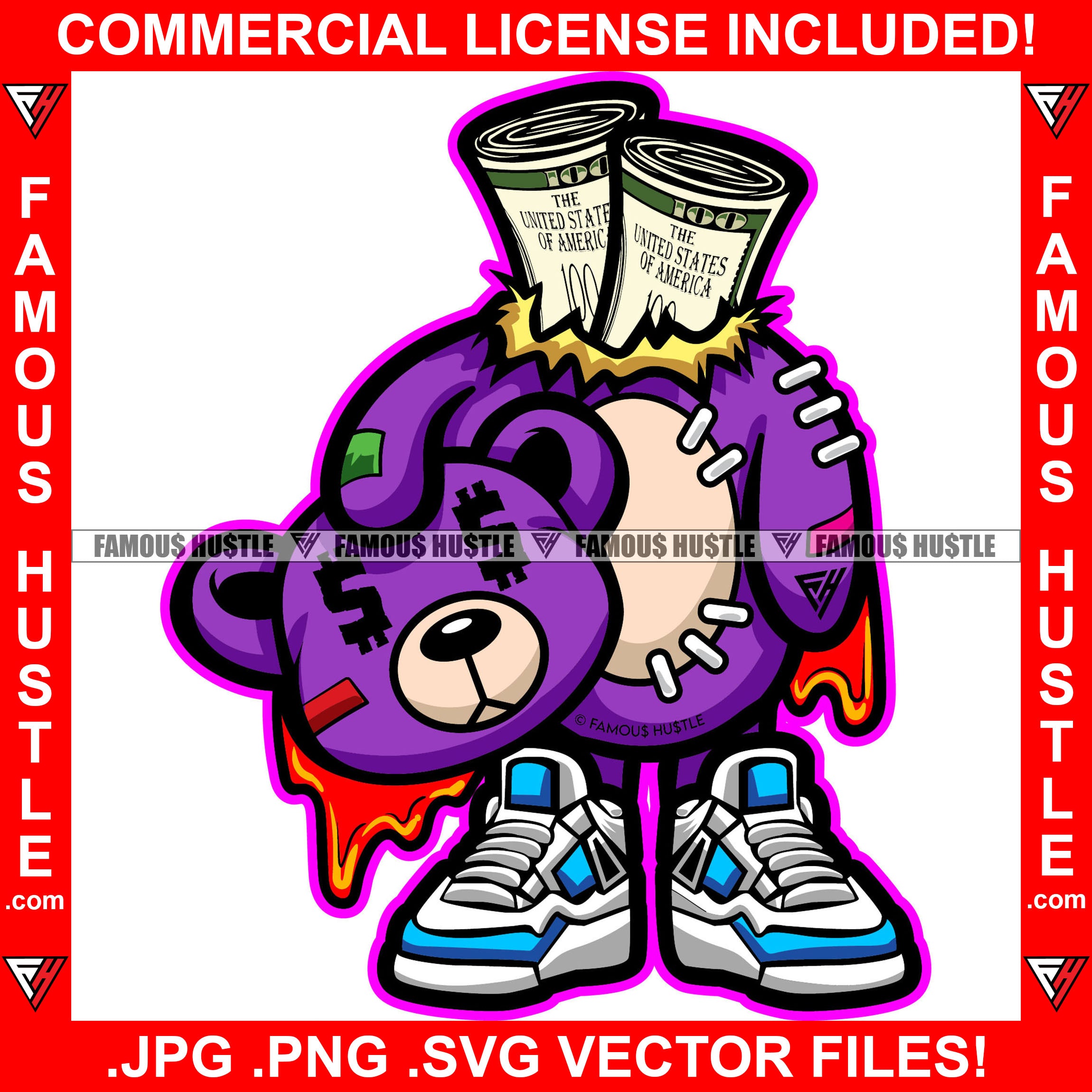 Gangster 100 Dollar Bill Money Rolls Inside Heads Off Teddy Bear Blood Sneakers Tattoo Hip Hop Rap Hustler Gangster Trap Hood Thug Street Rich Cartoon Character Art Graphic Design Logo T-Shirt Print Printing JPG PNG SVG Vector Cut File