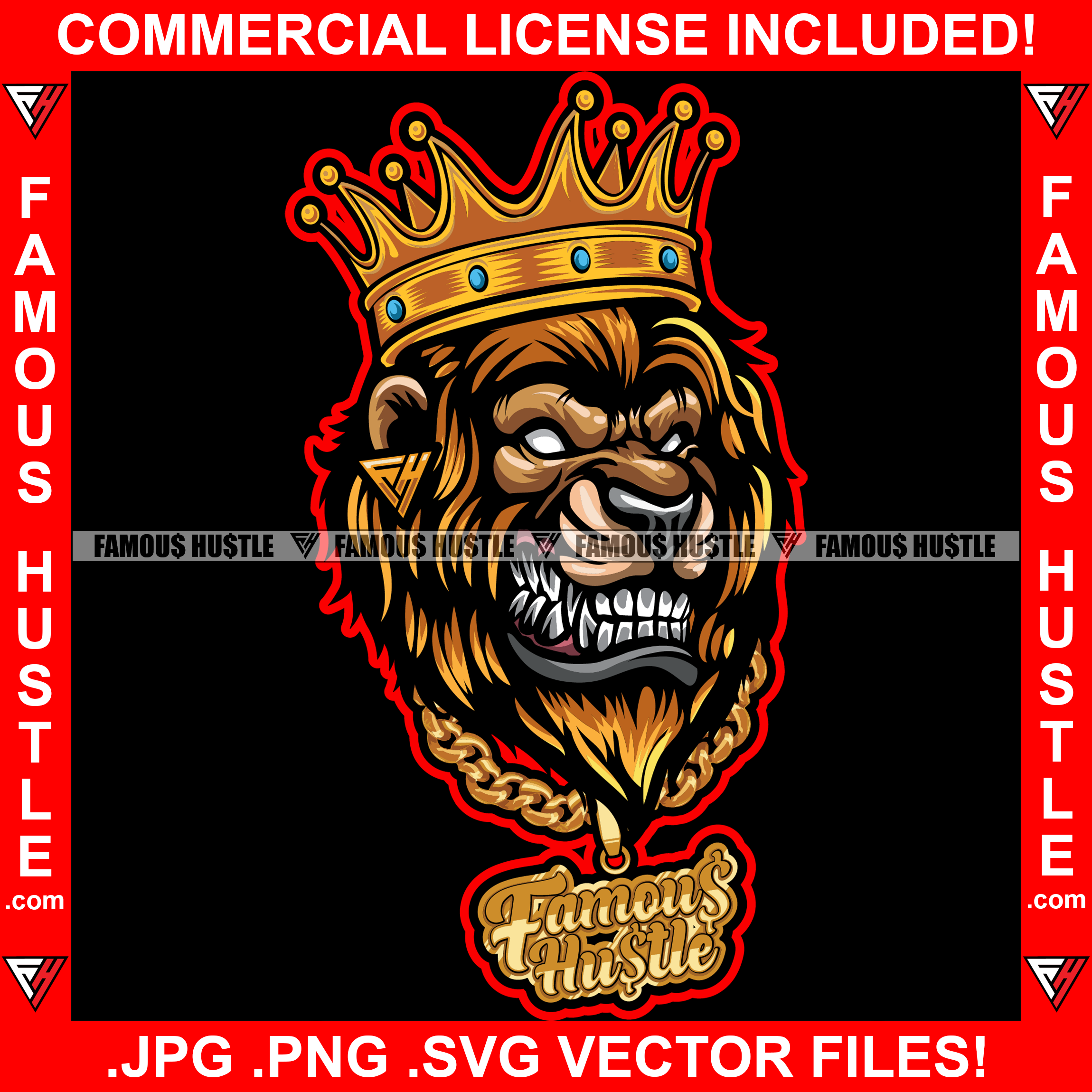 Mean Face Gangster King Lion Gold Jewelry Earrings Necklace Trap Street Hood Ghetto Thug Boss Hustler Drip Savage Gangsta Mafia Mob Famous Hustle Art Graphic Design Logo T-Shirt Print Printing JPG PNG SVG Vector Cut File