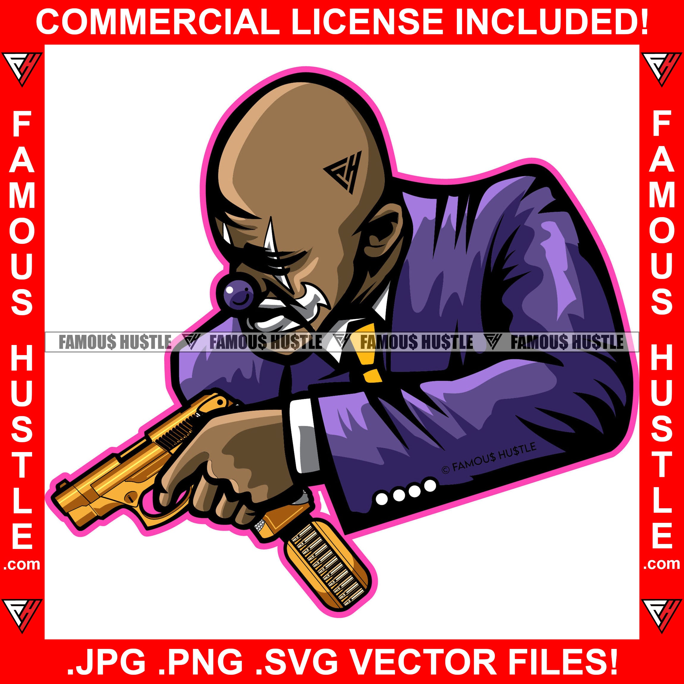 Famous Hustle Gangster Bald Man Joker Face Gold Machine Gun Hip Hop Rap Trap Street Hood Ghetto Thug Boss Hustler Hustling Drip Dripping Rich Art Graphic Design Logo T-Shirt Print Printing JPG PNG SVG Vector Cut File
