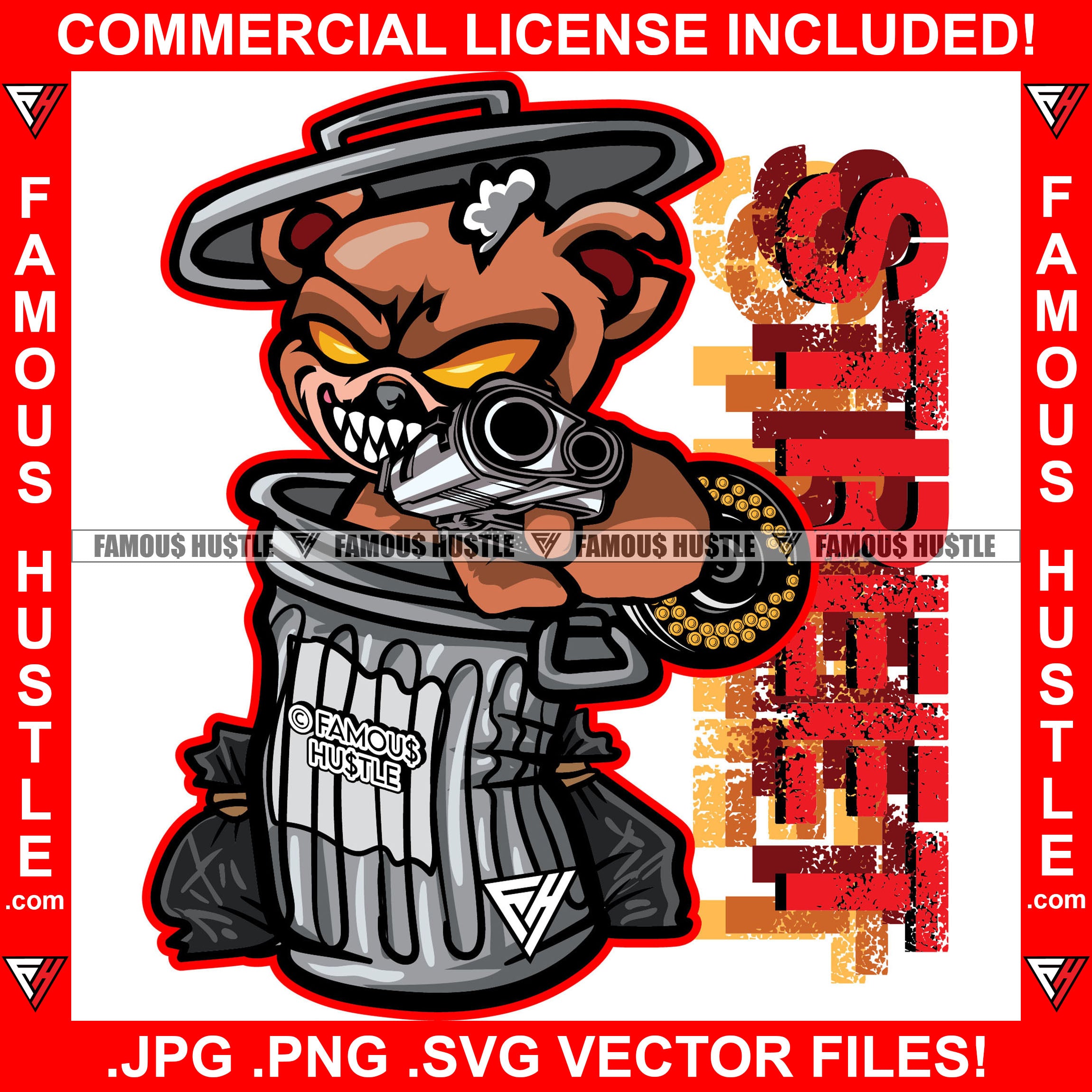 Street Gangster Teddy Bear Scary Eyes Sharp Teeth Shooting Gun From Dustbin Staples Ripped Stuffing Coming Out Insane Horror Hip Hop Rap Plug Trap Thug Hustler Hustling Drip Savage Famous Hustle Quote Art Graphic Design Print Printing Vector SVG Cut File