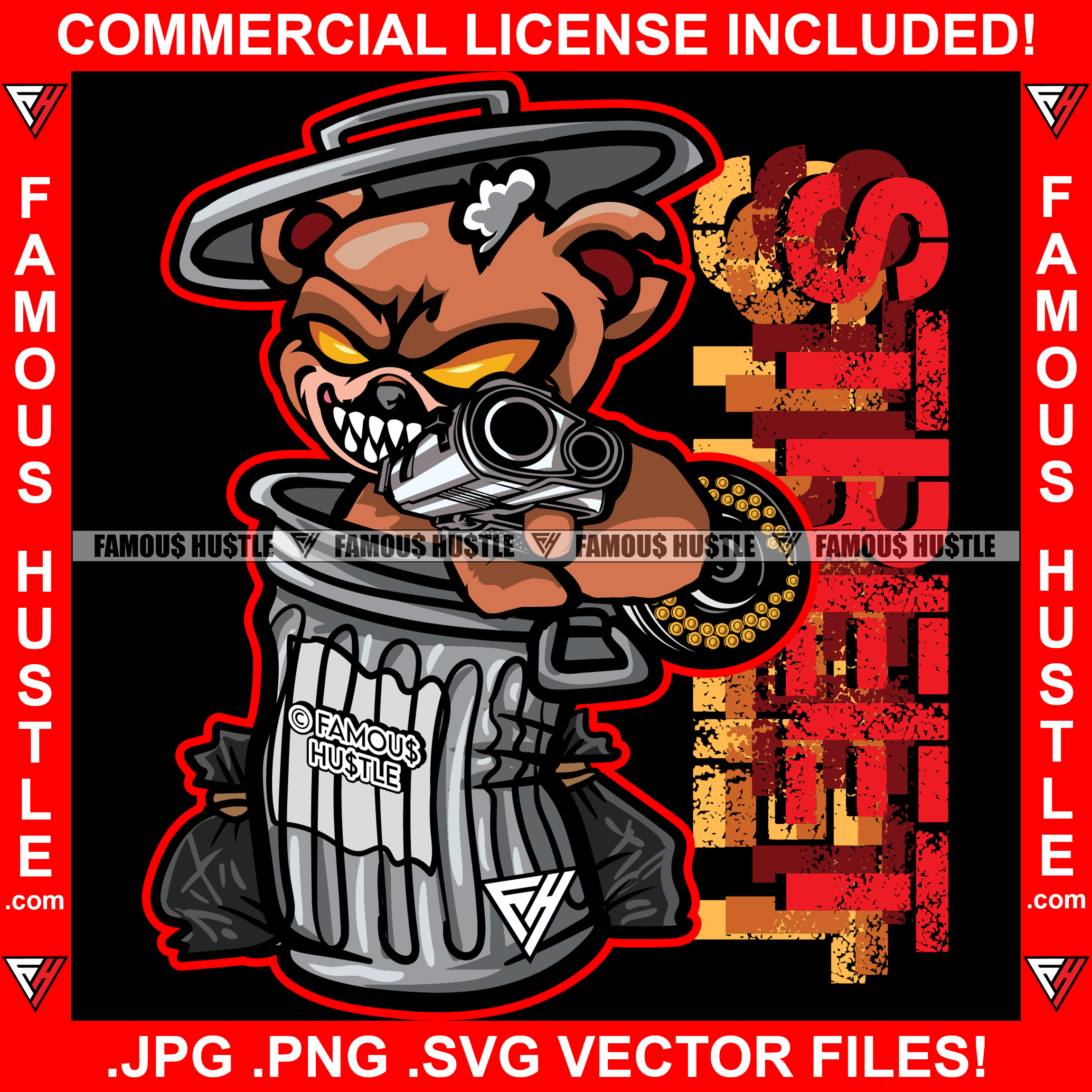Street Gangster Teddy Bear Scary Eyes Sharp Teeth Shooting Gun From Dustbin Staples Ripped Stuffing Coming Out Insane Horror Hip Hop Rap Plug Trap Thug Hustler Hustling Drip Savage Famous Hustle Quote Art Graphic Design Print Printing Vector SVG Cut File
