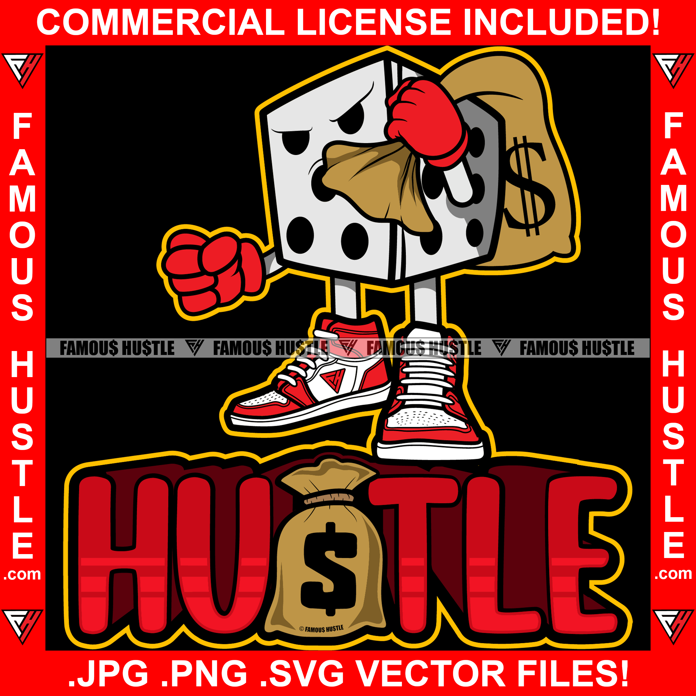 Hustle Gangster Angry Dice Cartoon Character Cash Money Bag Tattoo Hip Hop Rap Hustler Boss Drip Swag Plug Trap Hood Thug Gang Street Mafia Mob Trapper Quote Art Graphic Design Logo T-Shirt Print Printing JPG PNG SVG Vector Cut File