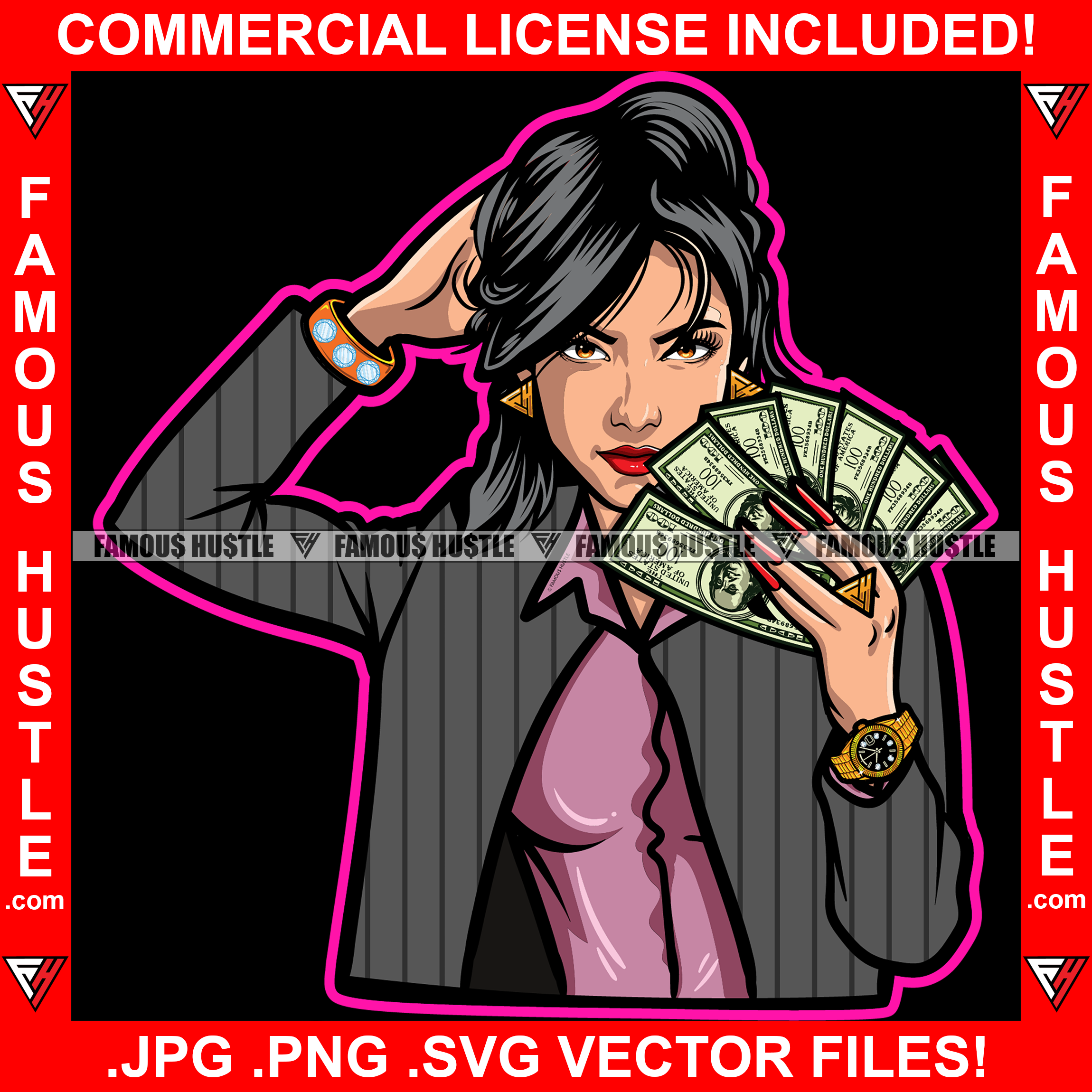 The Boss Drippig Drip Sexy Gangster Lady Female Cash Money Dress Gold Jewelry Mean Face Tattoo Hip Hop Rap Plug Trap Street Hood Ghetto Hustler Hustling Drip Rich Thug Famous Hustle Art Graphic Design Logo Print Printing Vector SVG Cut File