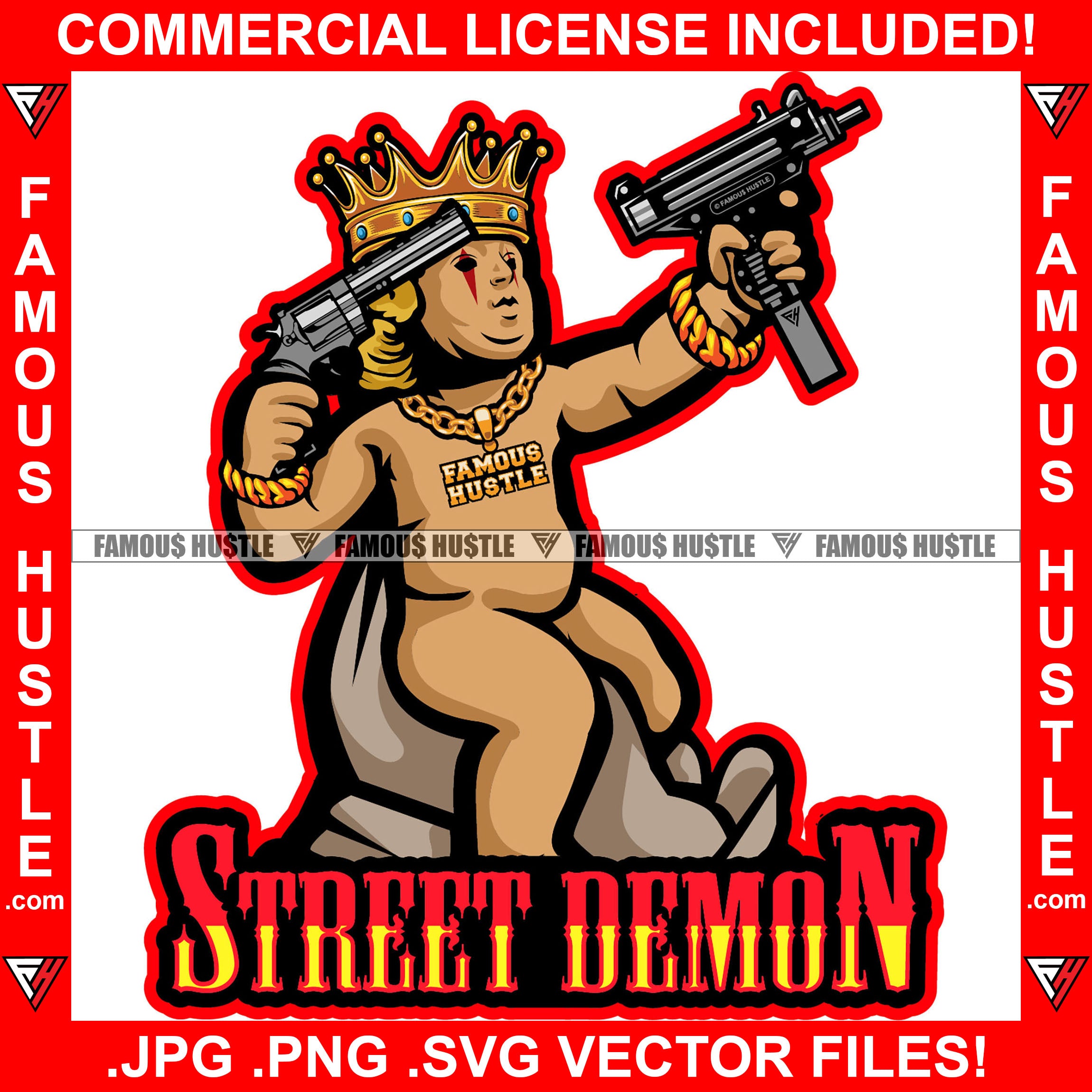 Street Demon King Gangster Devil Statue Machine Guns Gold Jewelry Necklace Sitting On Bags Black Eyes Hip Hop Rap Plug Trap Street Hood Ghetto Swag Thug Drip Famous Rich Quote Art Graphic Design Logo T-Shirt Print Printing JPG PNG SVG Vector Cut File