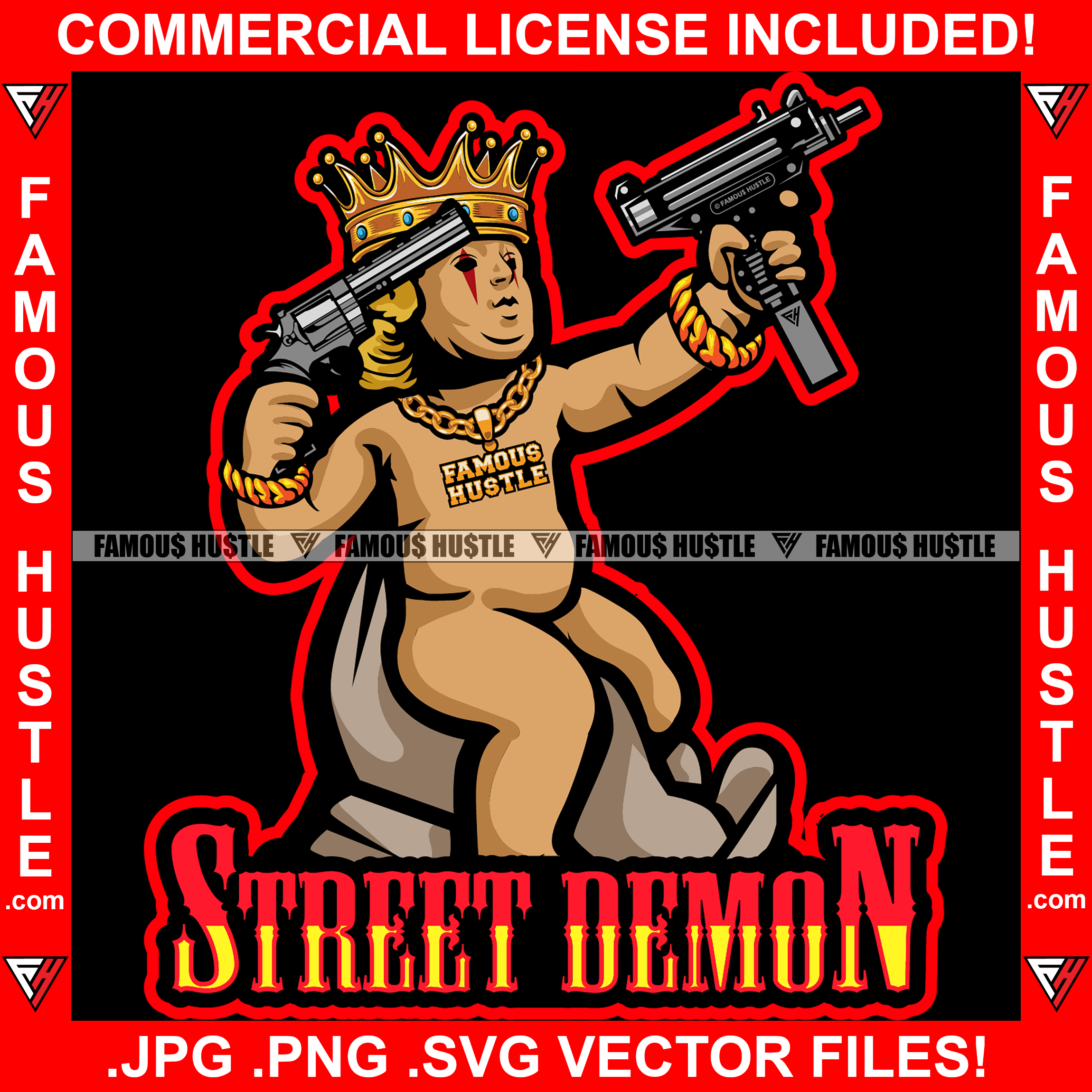 Street Demon King Gangster Devil Statue Machine Guns Gold Jewelry Necklace Sitting On Bags Black Eyes Hip Hop Rap Plug Trap Street Hood Ghetto Swag Thug Drip Famous Rich Quote Art Graphic Design Logo T-Shirt Print Printing JPG PNG SVG Vector Cut File