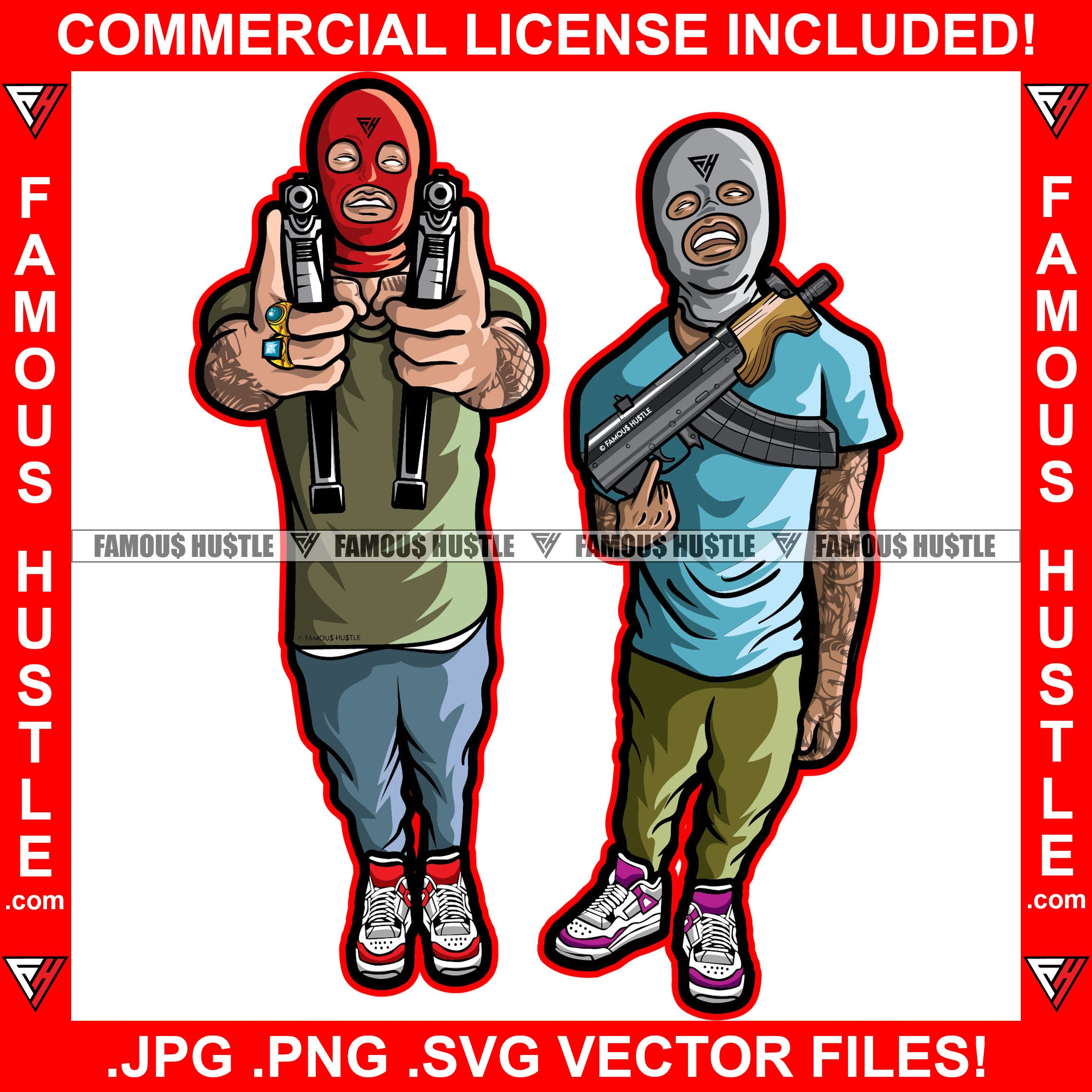 Two Gangster Boys Ski Mask Guns Pistol Tattoo Body Hip Hop Rap Plug Trap Street Hood Ghetto Thug Hustler Drip Dripping Savage Famous Hustle Badass Art Graphic Design Print Printing Vector SVG Cut File