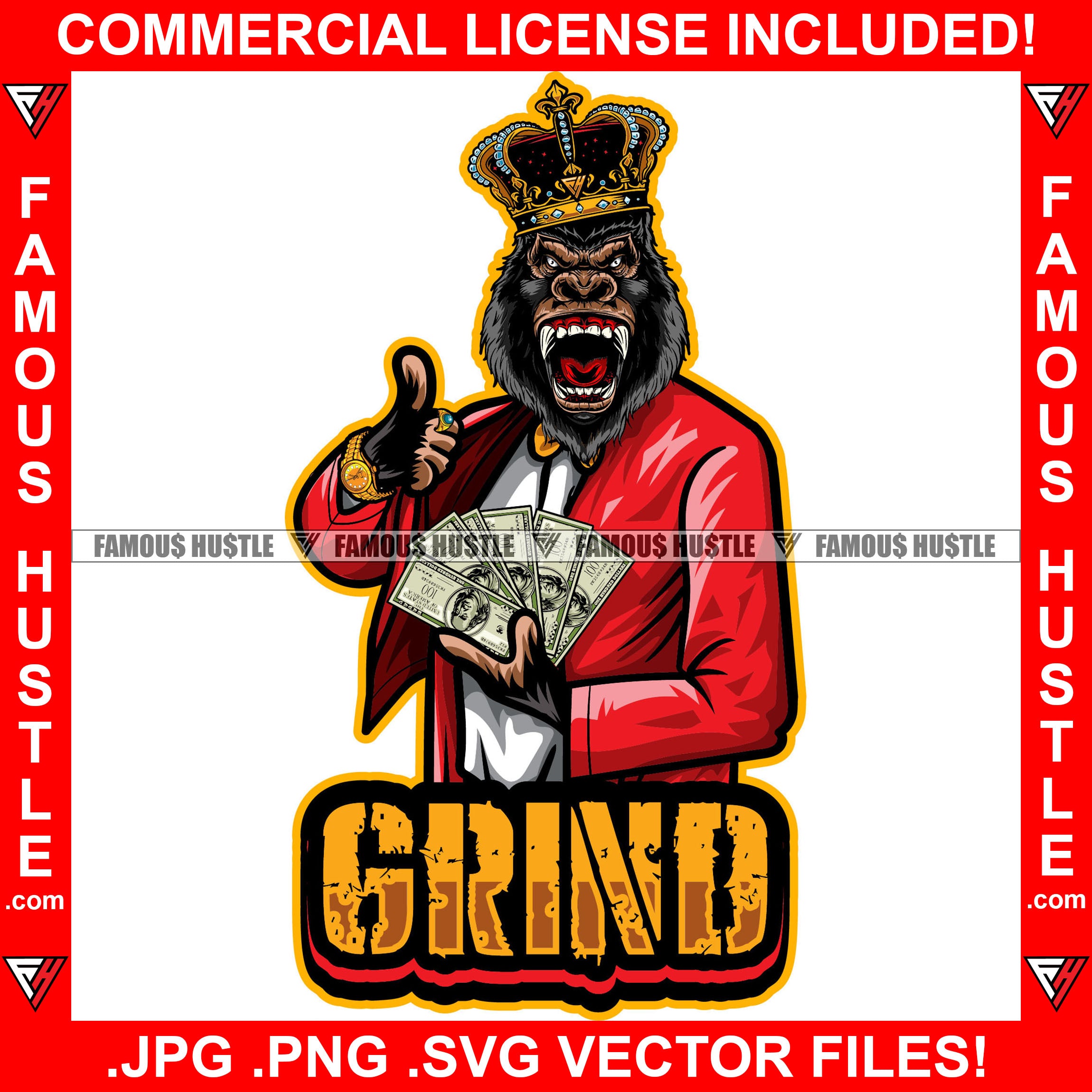 Grind Gangster Gorilla King Crown Money Cash Spread Growling Gold Jewelry Ape Mean Angry Face Rap Rapper Plug Trap Ghetto Thug Boss Hustler Savage Gangsta Famous Hustle Quote Art Graphic Design Logo T-Shirt Print Printing JPG PNG SVG Vector Cut File