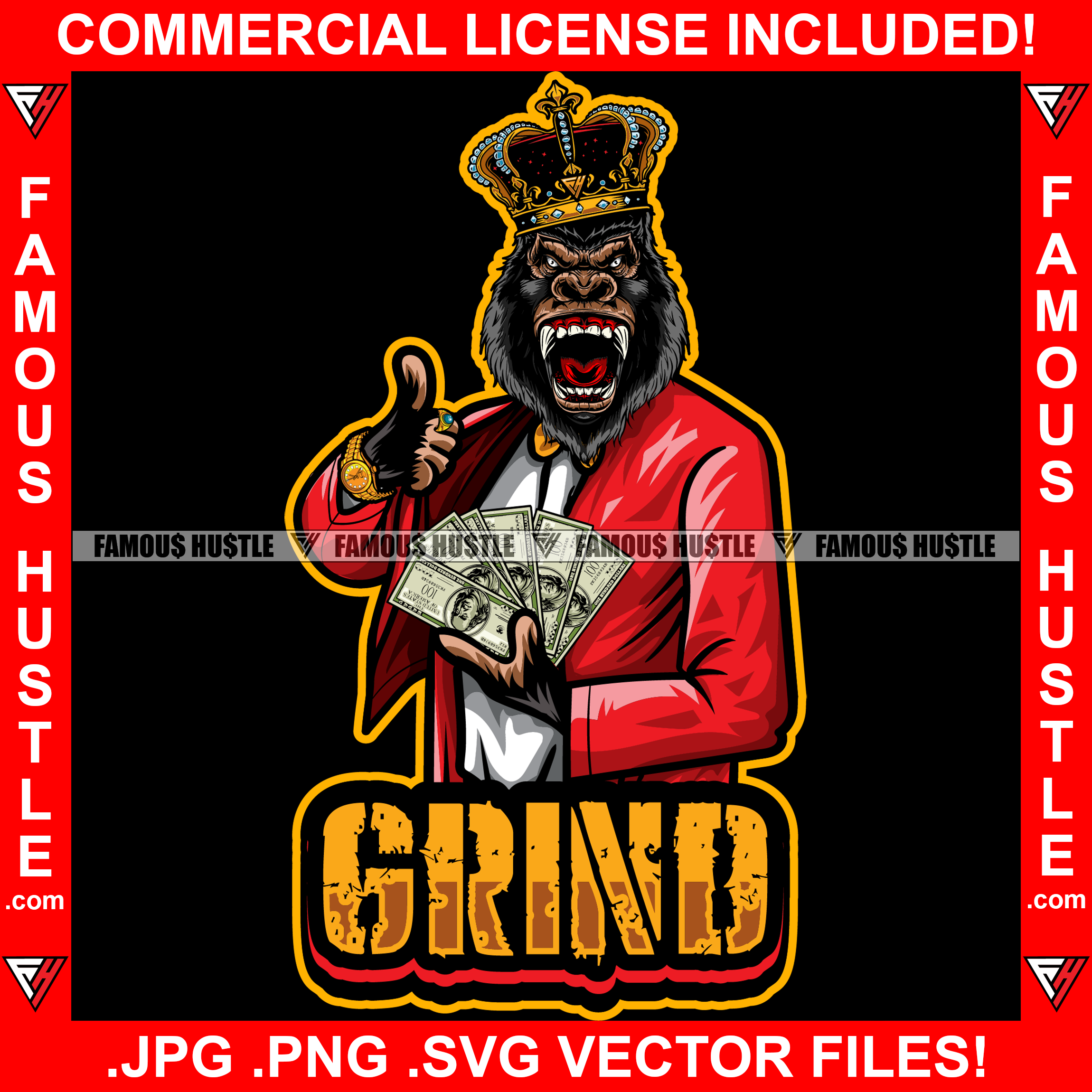 Grind Gangster Gorilla King Crown Money Cash Spread Growling Gold Jewelry Ape Mean Angry Face Rap Rapper Plug Trap Ghetto Thug Boss Hustler Savage Gangsta Famous Hustle Quote Art Graphic Design Logo T-Shirt Print Printing JPG PNG SVG Vector Cut File