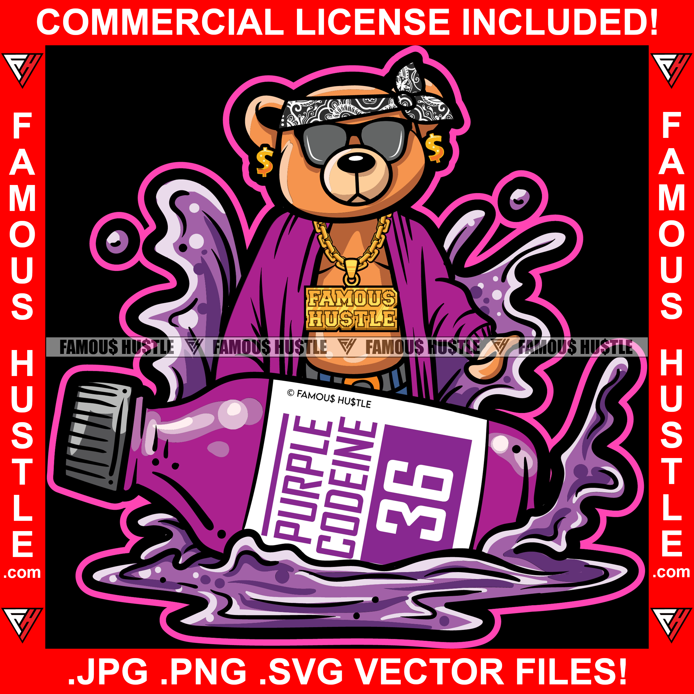 Purple Codeine Bottle Liquid Lean Drink Cup Gangster Teddy Bear Head Bandanna Sunglasses Thug Gold Necklace Dollar Sign Earrings Jewelry Hustling Trap Rapper Dope Rich Baller Art Graphic Design Logo T-Shirt Print Printing JPG PNG SVG Vector Cut File