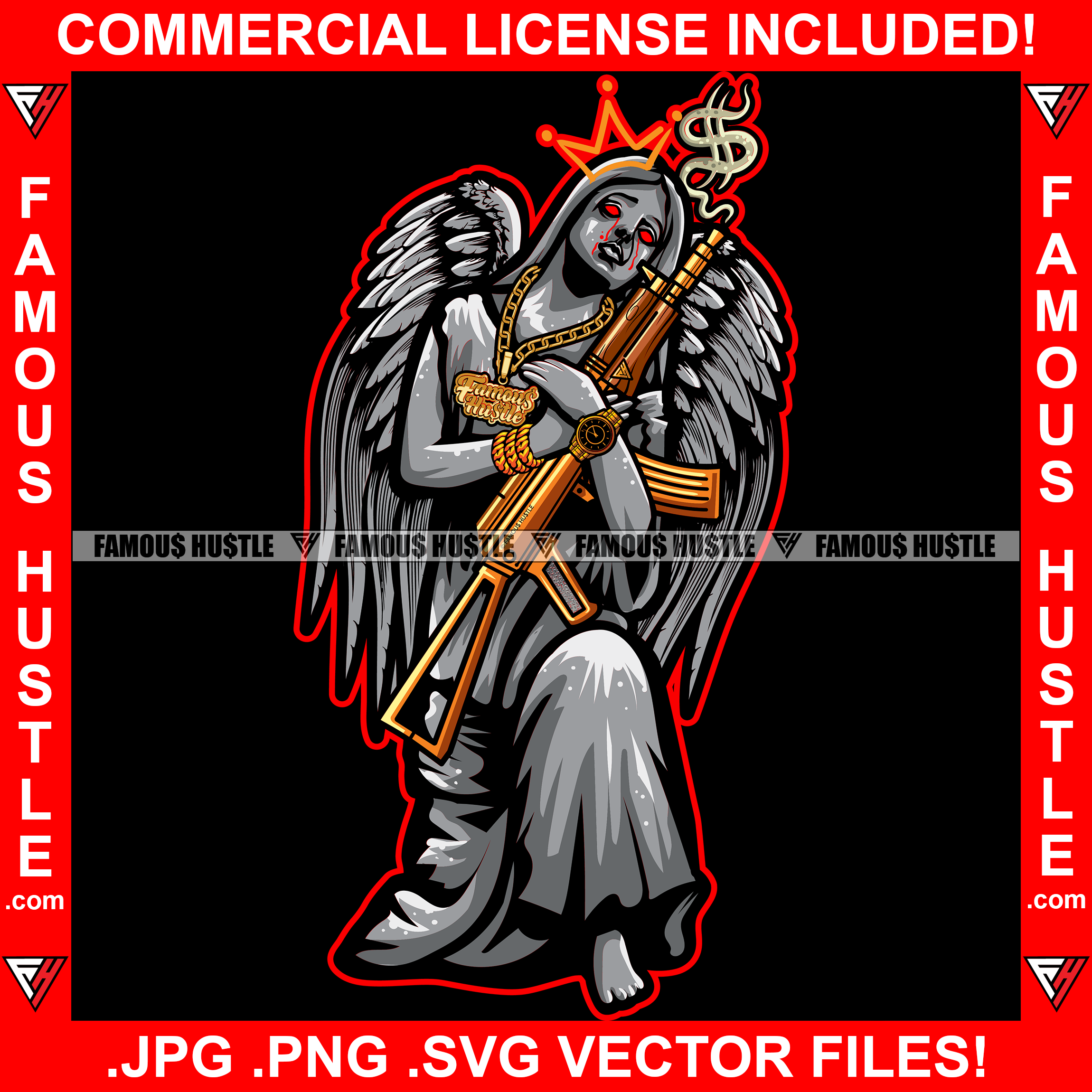 Hail Trap Street Demon Beautiful Lady Statue Wings Eyes Red Dripping Gangster Gold Jewelry Gun Dollar Sign Tattoo Hip Hop Rap Drip Hood Street Mafia Mob Ghetto Famous Hustle Art Graphic Design Logo T-Shirt Print Printing JPG PNG SVG Vector Cut File