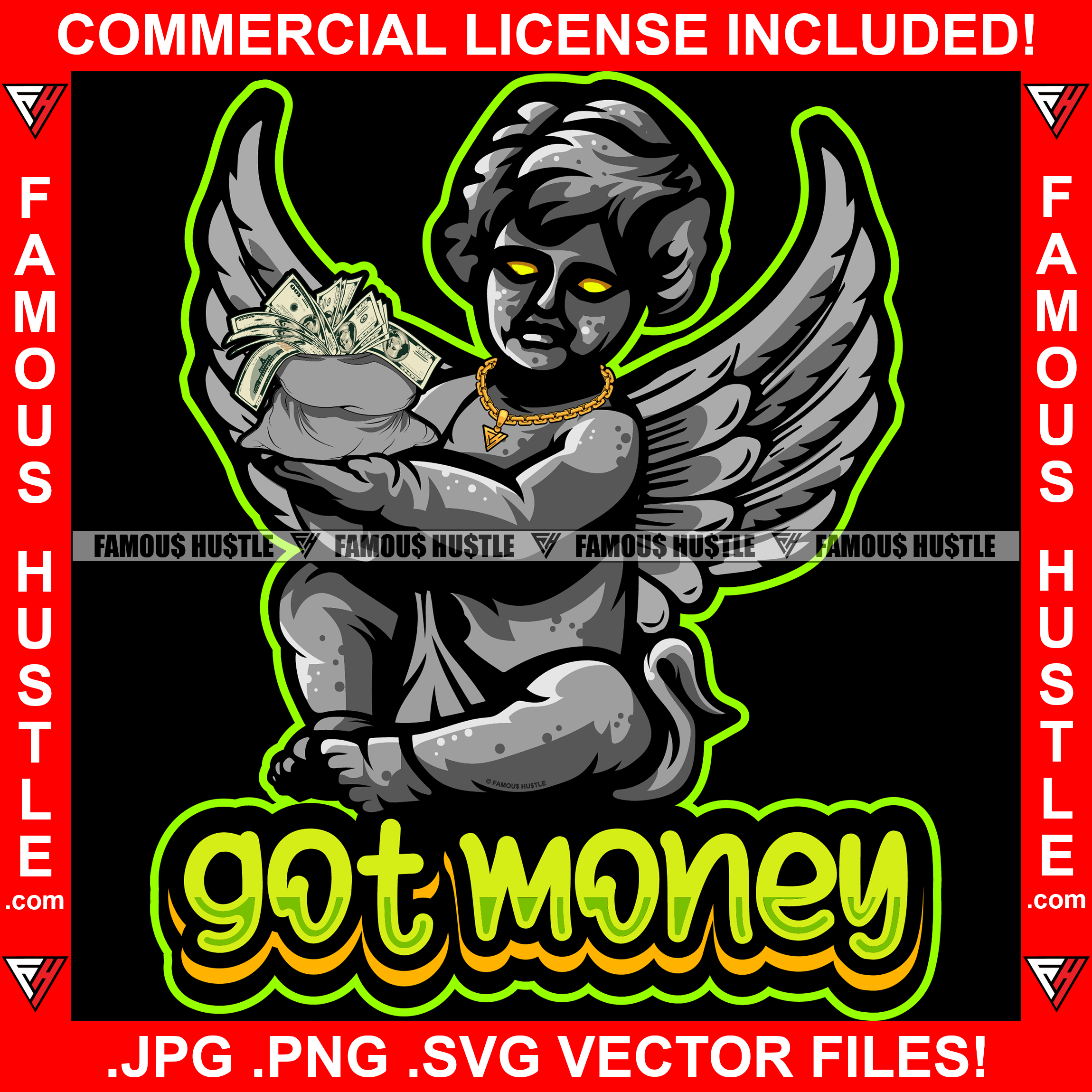 Got Money Gangster Baby Statue Wings Money Bag Gold Necklace Yellow Eyes Hip Hop Rap Plug Street Hood Ghetto Swag Thug Hustler Hustling Famous Hustle Baller Trapper Quote Art Graphic Design Logo T-Shirt Print Printing JPG PNG SVG Vector Cut File