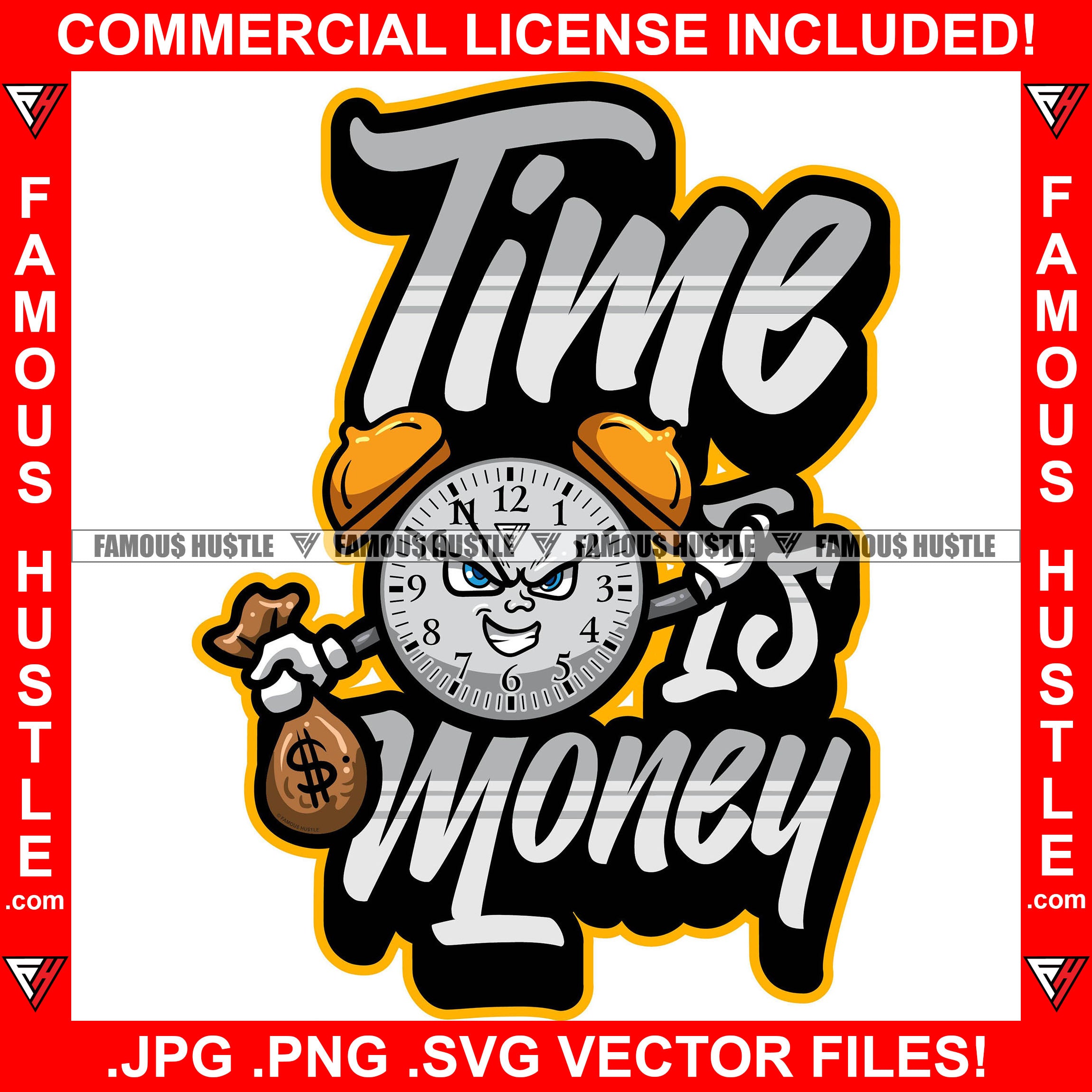 Time Is Money King Alarm Clock Gangster Cartoon Character Angry Mean Face Cash Bag Hip Hop Rap Plug Trap Street Hood Ghetto Swag Thug Hustler Hustling Famous Hustle Quote Art Graphic Design Logo T-Shirt Print Printing JPG PNG SVG Vector Cut File