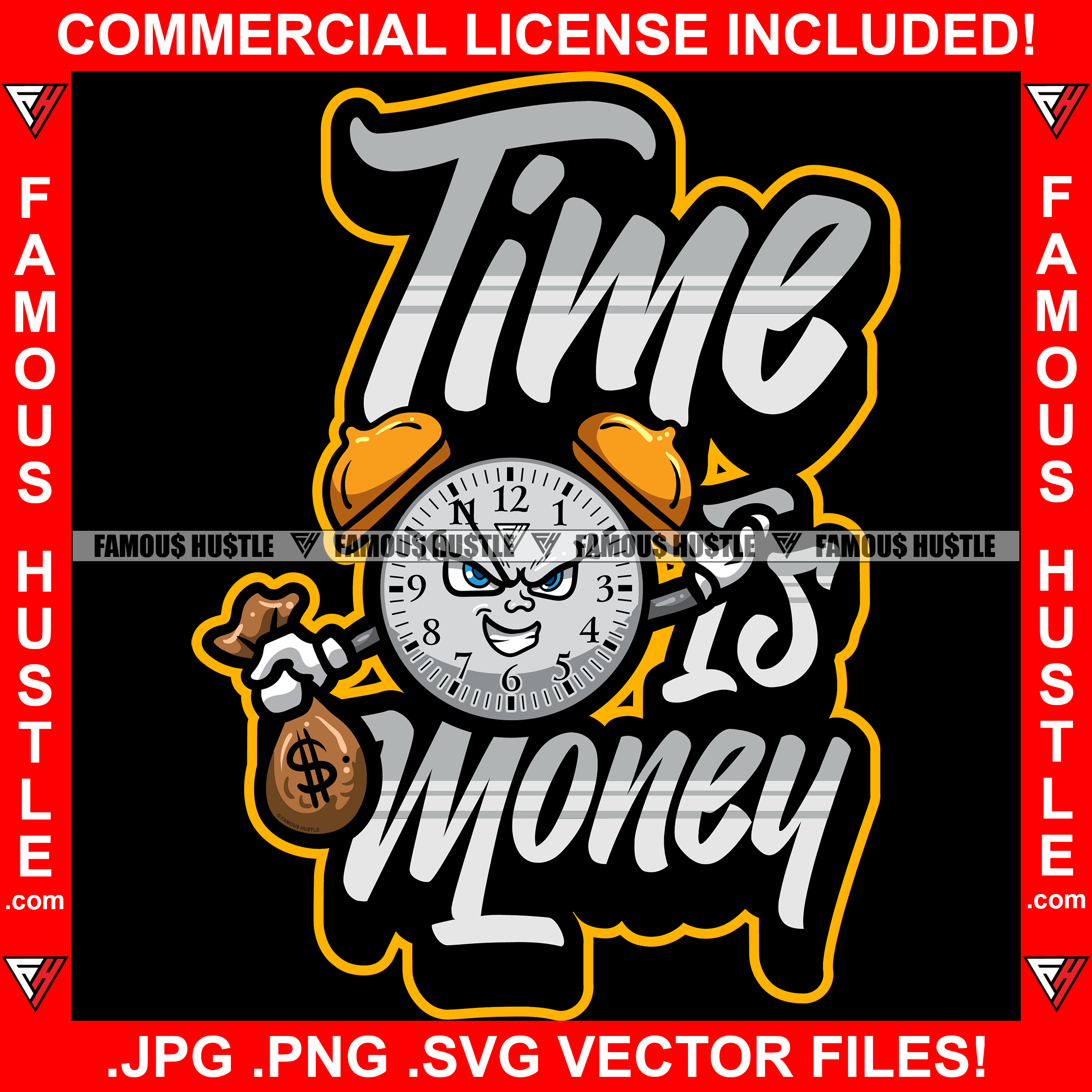 Time Is Money King Alarm Clock Gangster Cartoon Character Angry Mean Face Cash Bag Hip Hop Rap Plug Trap Street Hood Ghetto Swag Thug Hustler Hustling Famous Hustle Quote Art Graphic Design Logo T-Shirt Print Printing JPG PNG SVG Vector Cut File