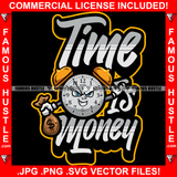 Time Is Money King Alarm Clock Gangster Cartoon Character Angry Mean Face Cash Bag Hip Hop Rap Plug Trap Street Hood Ghetto Swag Thug Hustler Hustling Famous Hustle Quote Art Graphic Design Logo T-Shirt Print Printing JPG PNG SVG Vector Cut File