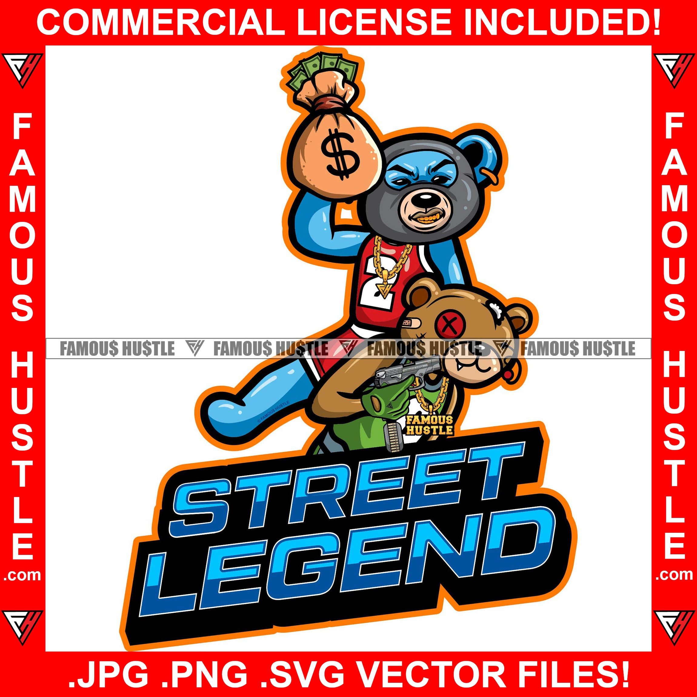 Street Legend Teddy Bear Ski Mask Gold Teeth Necklace  On Gangster Button Eyes Staples Scar Face Ripped Cash Bags Pistol Gun Hip Hop Rap Plug Trap Ghetto Swag Famous Hustle Quote Art Graphic Design Logo T-Shirt Print Printing JPG PNG SVG Vector Cut File