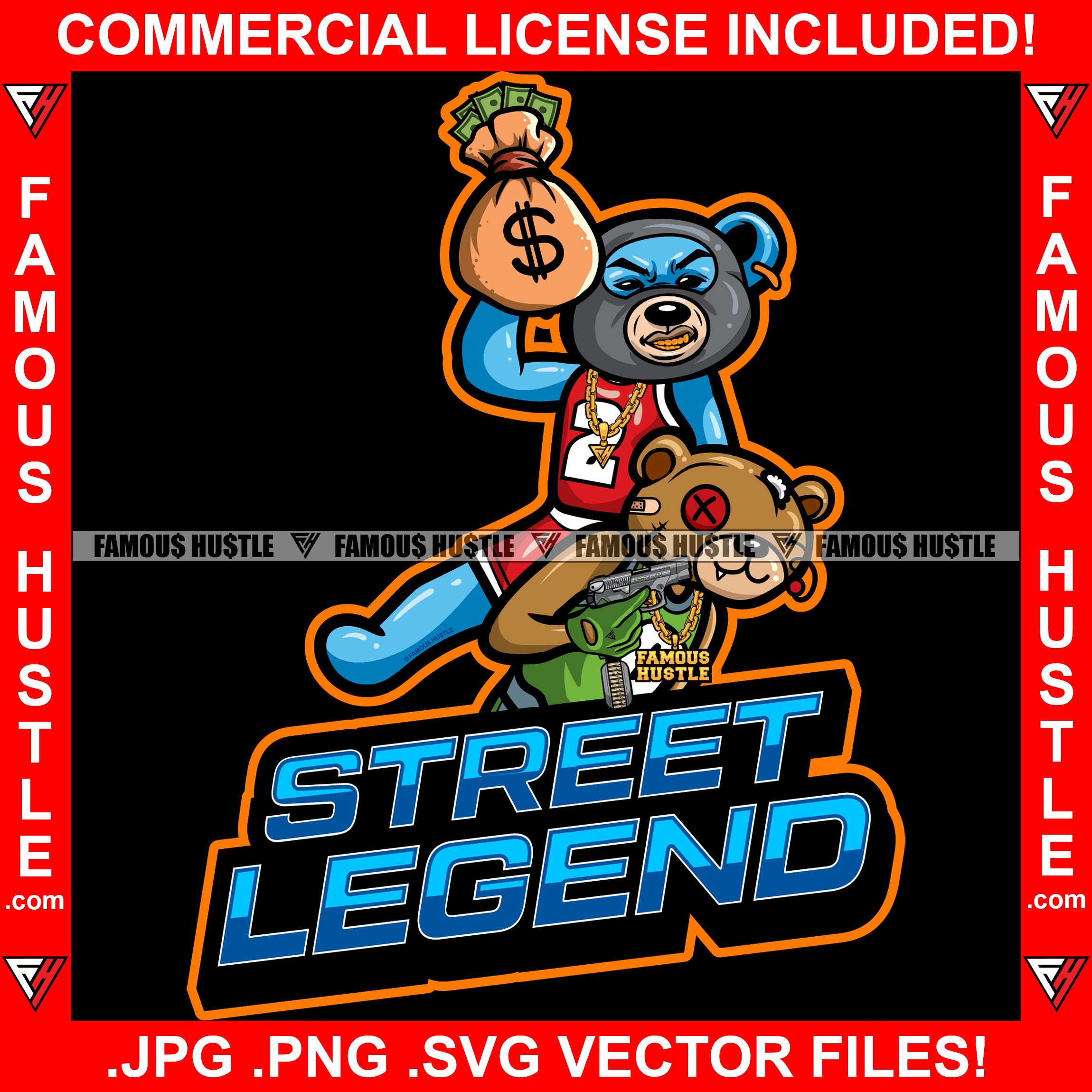 Street Legend Teddy Bear Ski Mask Gold Teeth Necklace  On Gangster Button Eyes Staples Scar Face Ripped Cash Bags Pistol Gun Hip Hop Rap Plug Trap Ghetto Swag Famous Hustle Quote Art Graphic Design Logo T-Shirt Print Printing JPG PNG SVG Vector Cut File