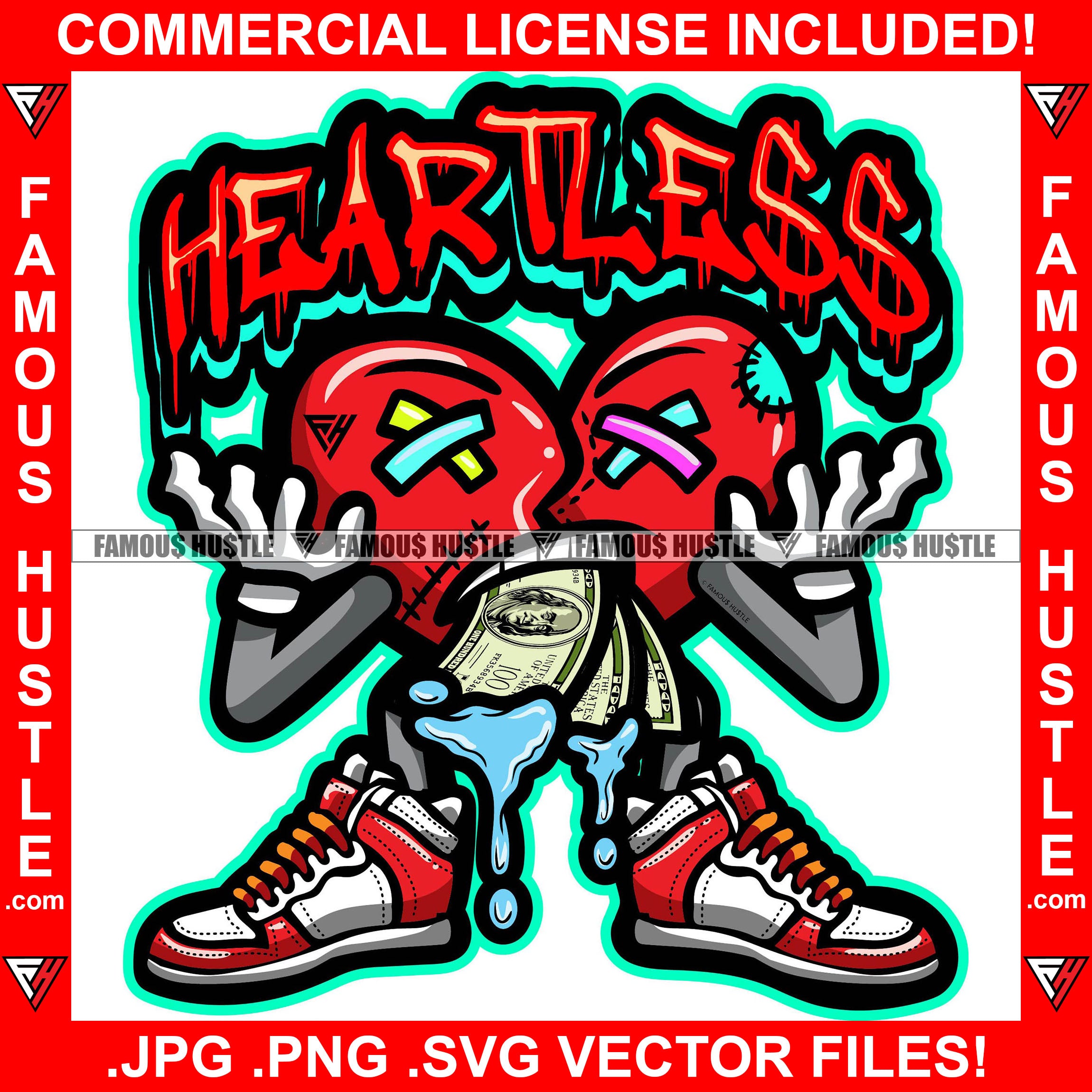 Heartless Dripping Red Heart Cartoon Character Scar Face Stitches Staples Cash Money Mouth Sliva Sneakers Tattoo Hip Hop Rap Plug Trap Street Hood Ghetto Swag Thug Flex Drip Quote Art Graphic Design Logo T-Shirt Print Printing JPG PNG SVG Vector Cut File