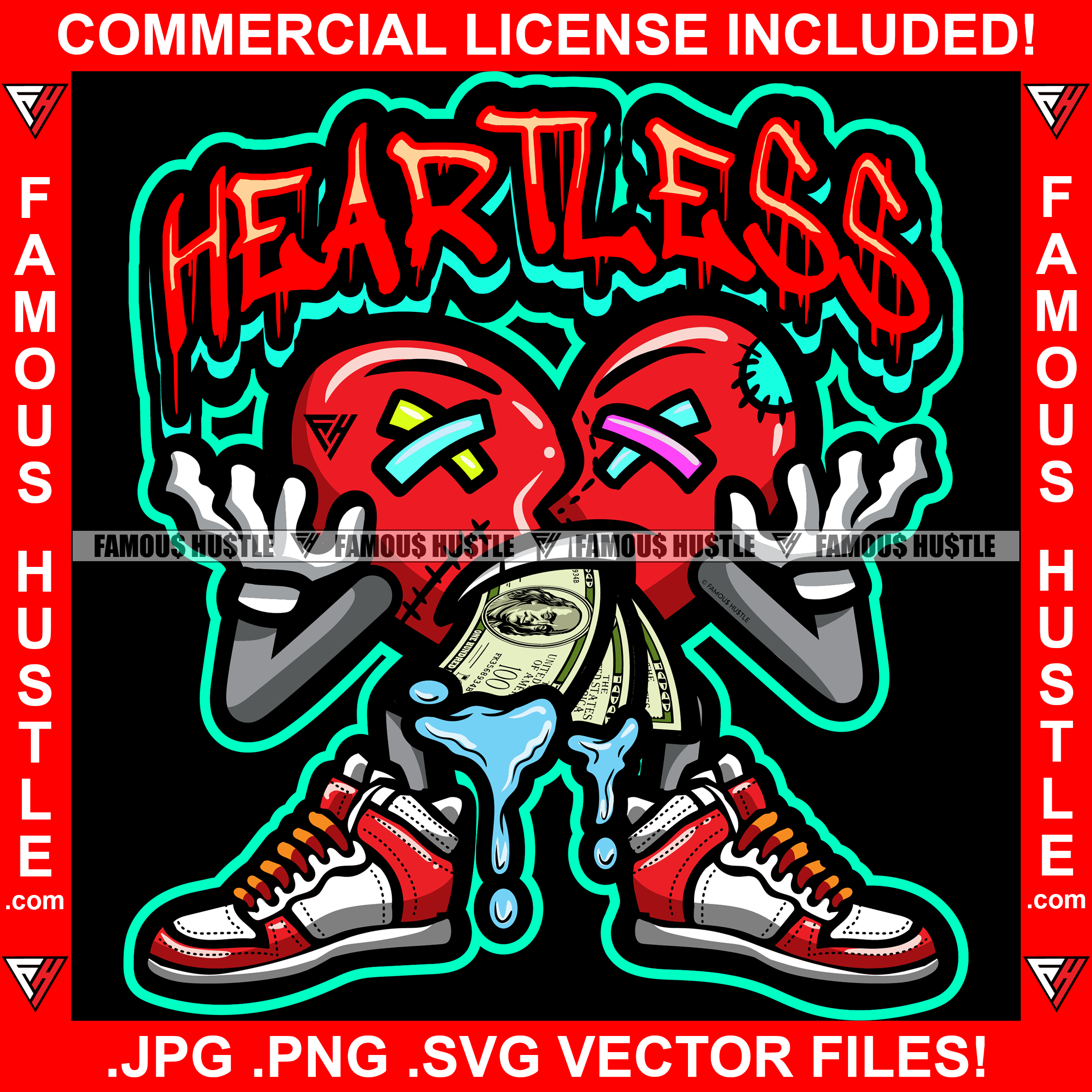 Heartless Dripping Red Heart Cartoon Character Scar Face Stitches Staples Cash Money Mouth Sliva Sneakers Tattoo Hip Hop Rap Plug Trap Street Hood Ghetto Swag Thug Flex Drip Quote Art Graphic Design Logo T-Shirt Print Printing JPG PNG SVG Vector Cut File