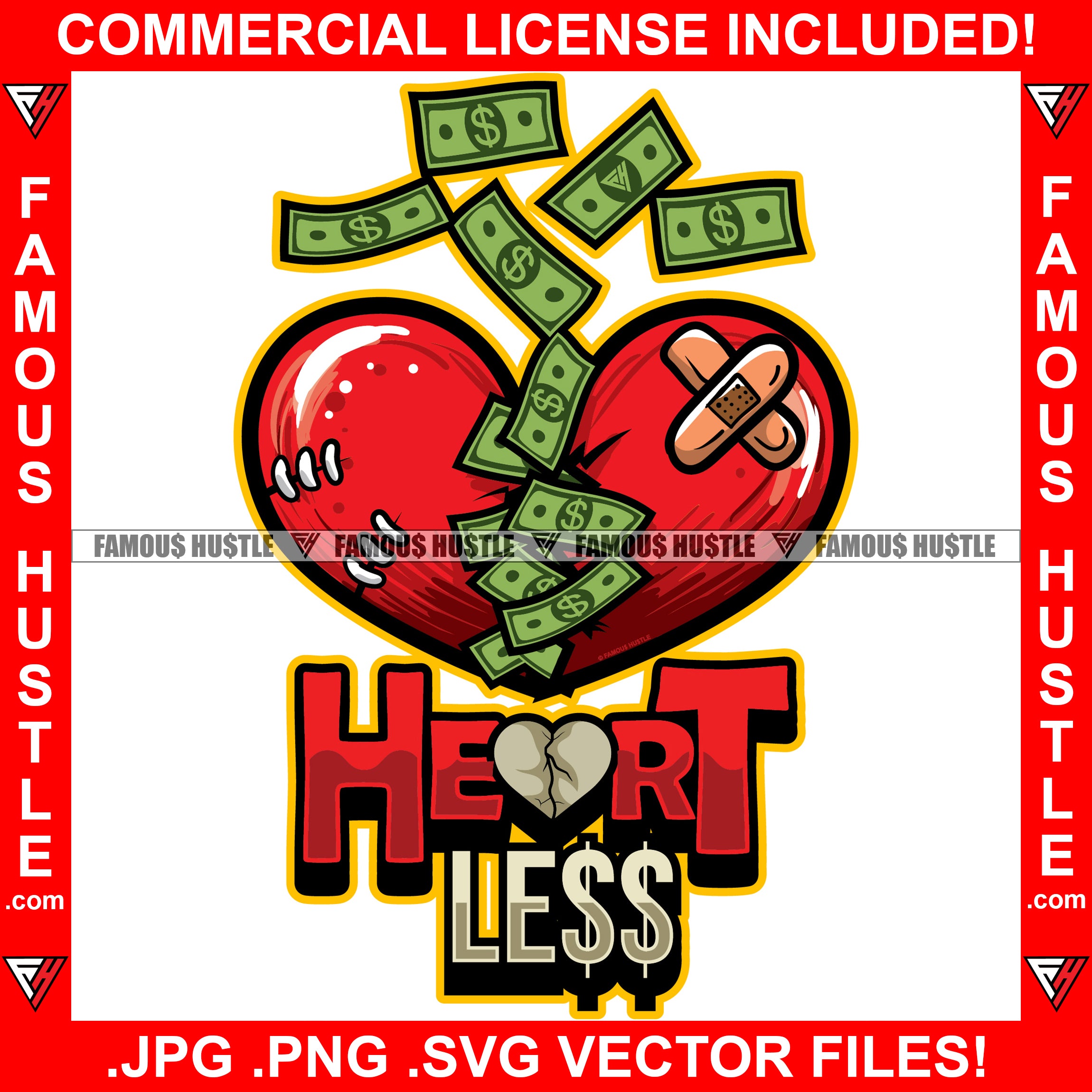 Heartless Red Broken Heart Money Raining Cracked Bandage Heartbroken Falling Cash Money Love Relationship Tattoo Hip Hop Rap Hustler Boss Drip Swag Famous Hustle Quote Art Graphic Design Logo T-Shirt Print Printing JPG PNG SVG Vector Cut File