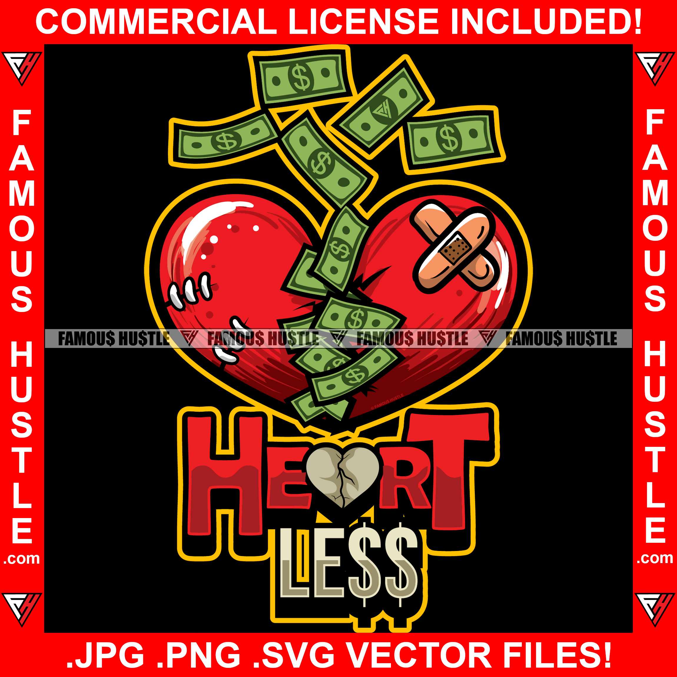 Heartless Red Broken Heart Money Raining Cracked Bandage Heartbroken Falling Cash Money Love Relationship Tattoo Hip Hop Rap Hustler Boss Drip Swag Famous Hustle Quote Art Graphic Design Logo T-Shirt Print Printing JPG PNG SVG Vector Cut File