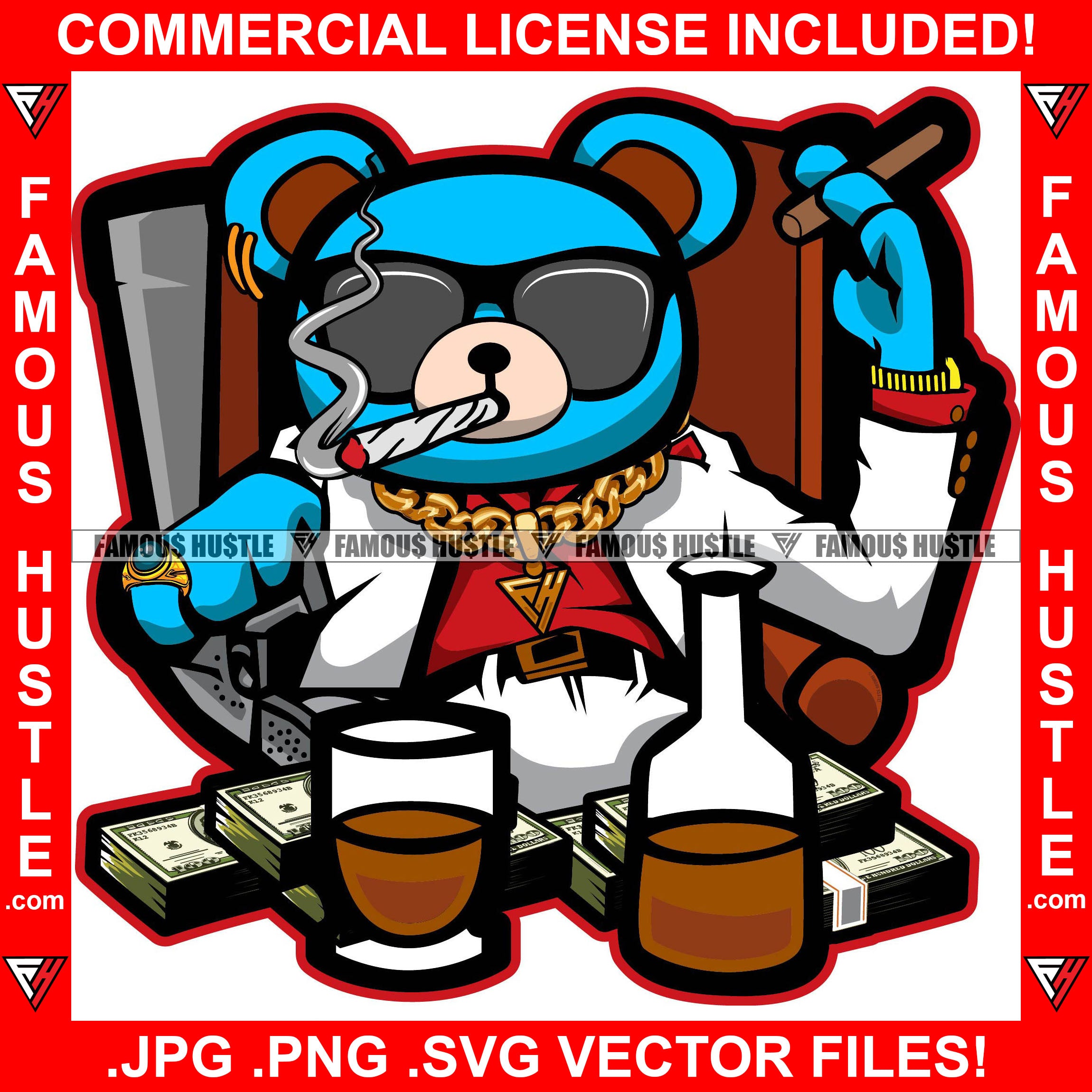 Scar Face Mafia Mob Boss Gangster Teddy Bear Sunglasses Gold Jewelry Cash Smoking Cigar Blunt Marijuana Cigarette Alcohol Liquor Drink Hip Hop Rap Hustler Trap Hood Thug Street Art Graphic Design Logo T-Shirt Print Printing JPG PNG SVG Vector Cut File