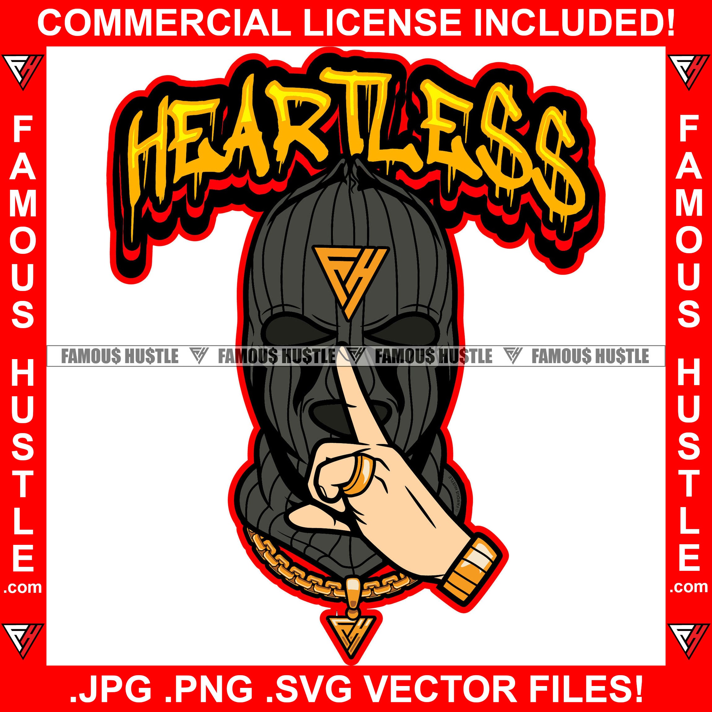 Heartless Gangster Ski Mask Wearing Gold Jewelry Shhh Finger Sign Hand Gesture Hip Hop Rap Rapper Plug Trap Street Hood Ghetto Thug Hustler Hustling Drip Famous Hustle Quote Art Graphic Design Logo T-Shirt Print Printing JPG PNG SVG Vector Cut File