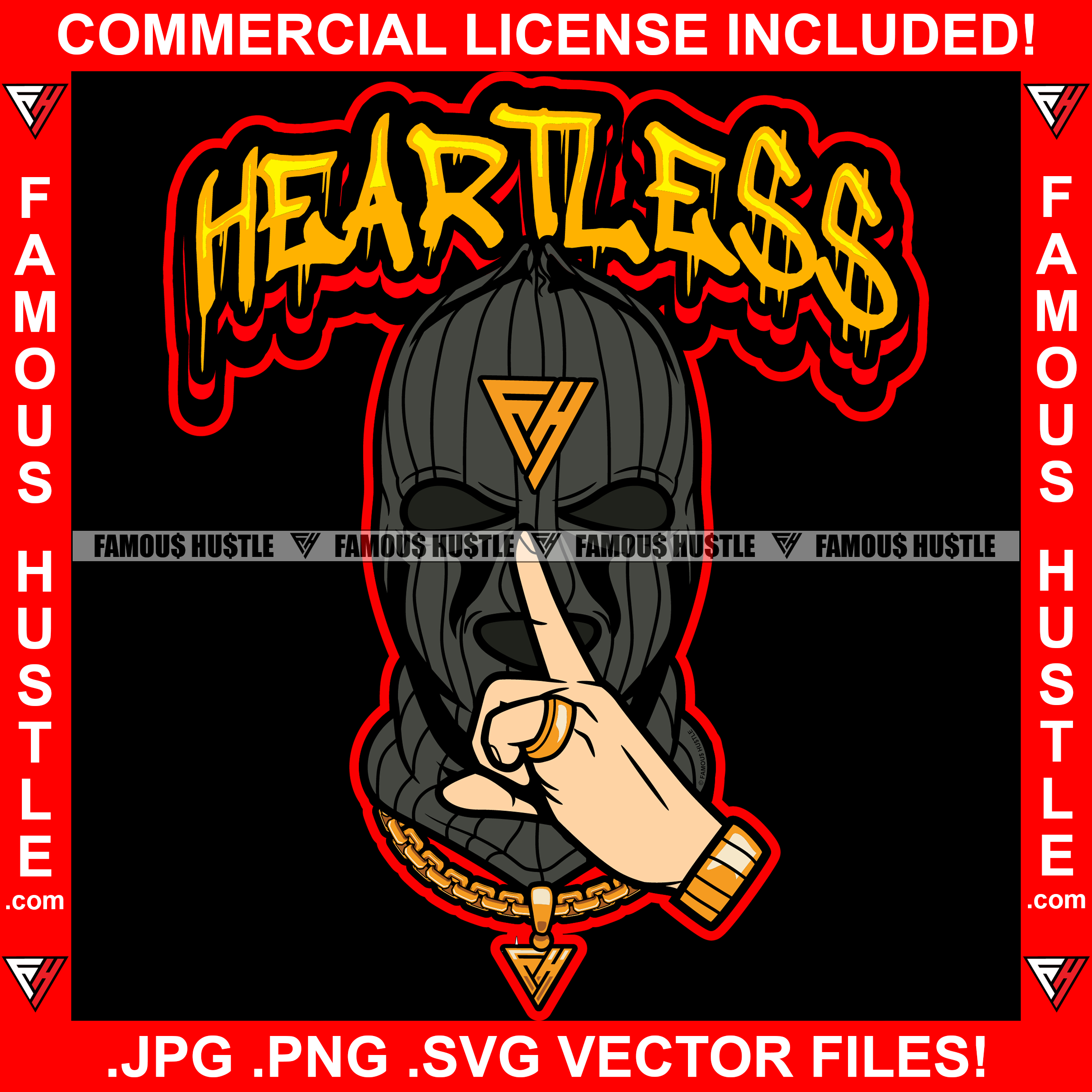 Heartless Gangster Ski Mask Wearing Gold Jewelry Shhh Finger Sign Hand Gesture Hip Hop Rap Rapper Plug Trap Street Hood Ghetto Thug Hustler Hustling Drip Famous Hustle Quote Art Graphic Design Logo T-Shirt Print Printing JPG PNG SVG Vector Cut File