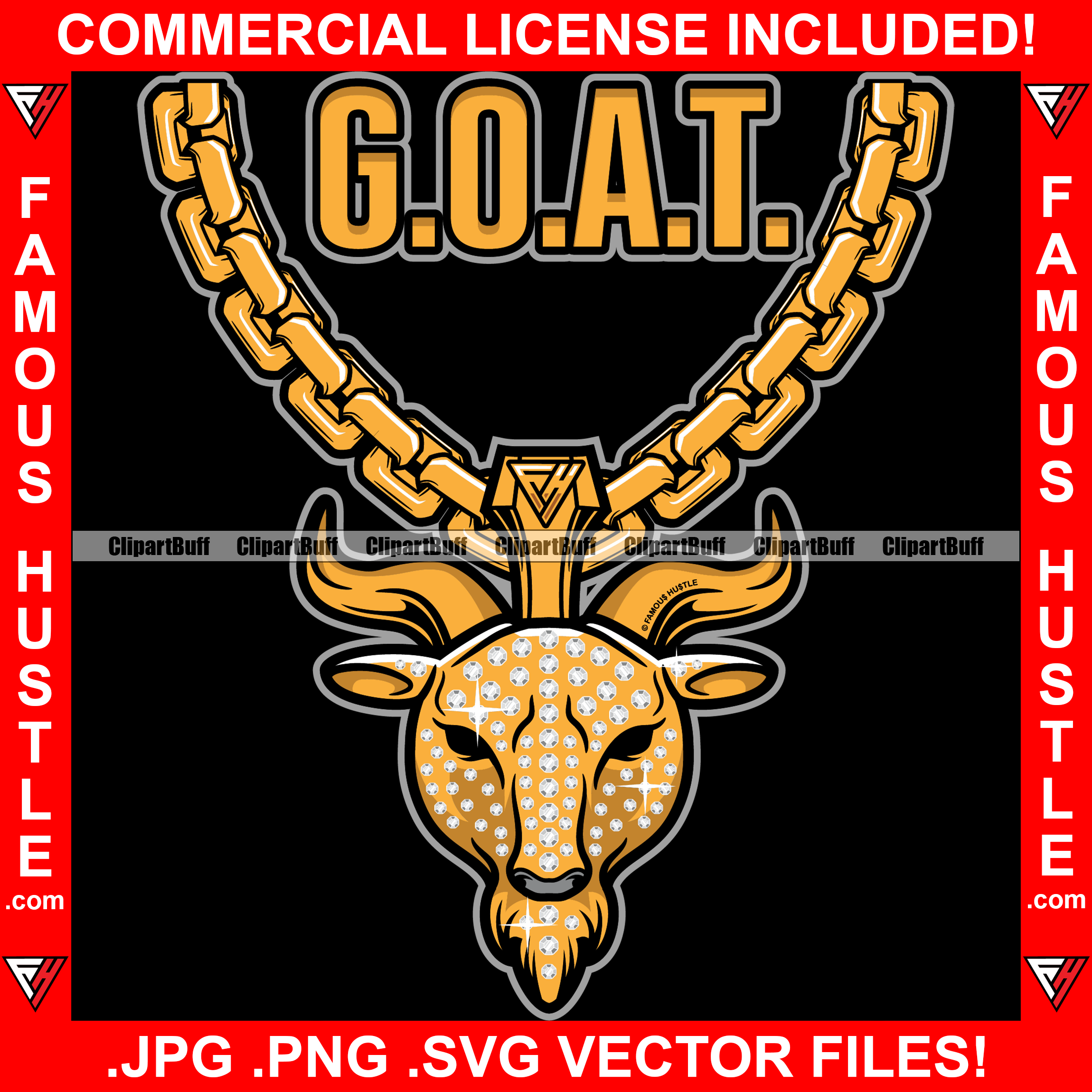 G.O.A.T. Goat Head Gold Chain Necklace Charm Diamonds Jewelry Hip Hop Rap Hip Hop Rap Hustler Boss Drip Swag Plug Trap Hood Thug Street Tattoo Ghetto Hustling Famous Hustle Quote Art Graphic Design Logo T-Shirt Print Printing JPG PNG SVG Vector Cut File