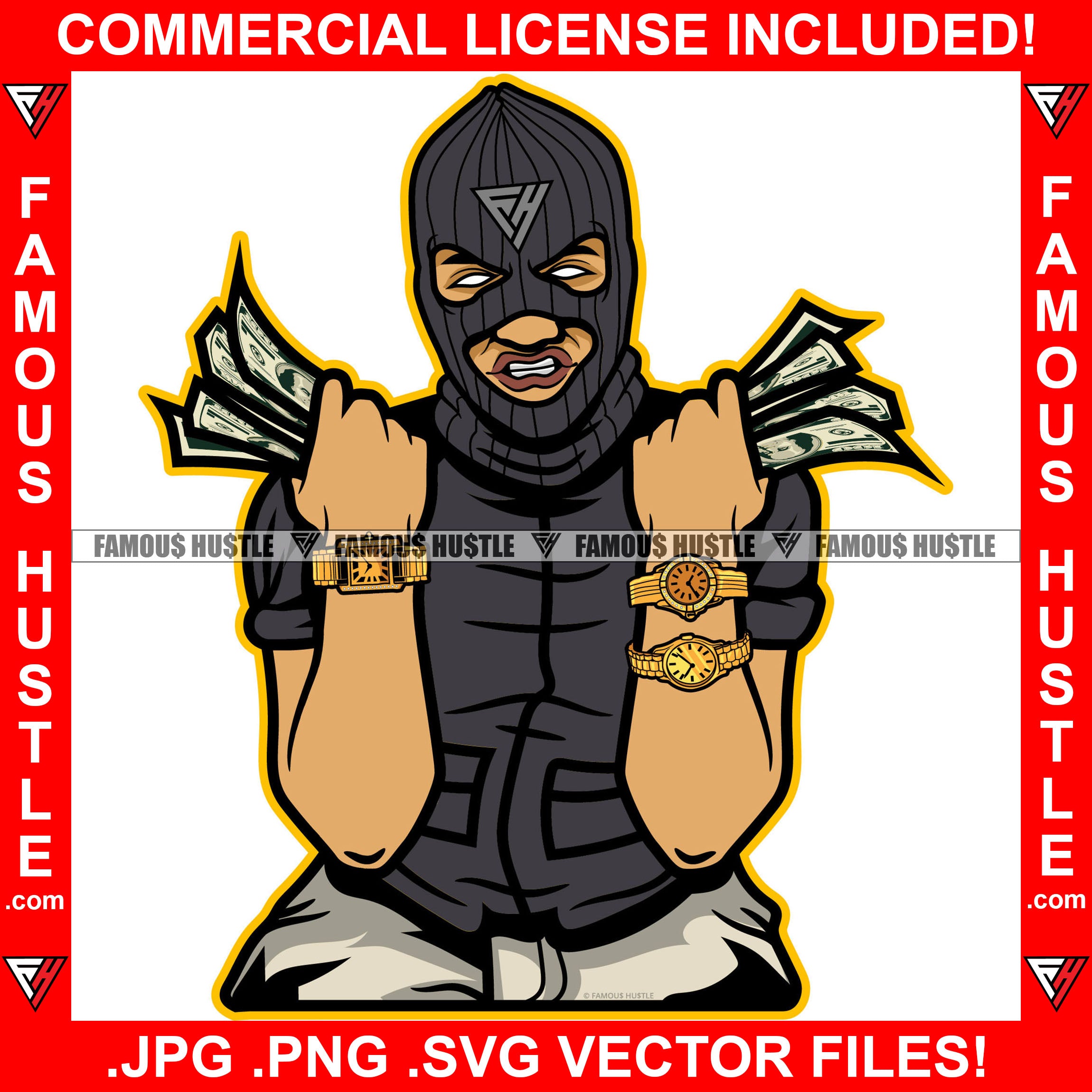 Gangster Hustle Man Ski Mask Two Money Stacks Male Robber White Eyes Face Mask Gold Teeth Watches Cash Hip Hop Rap Rapper Plug Trap Street Hood Gang Member Famous Hustle Art Graphic Design Logo T-Shirt Print Printing JPG PNG SVG Vector Cut File