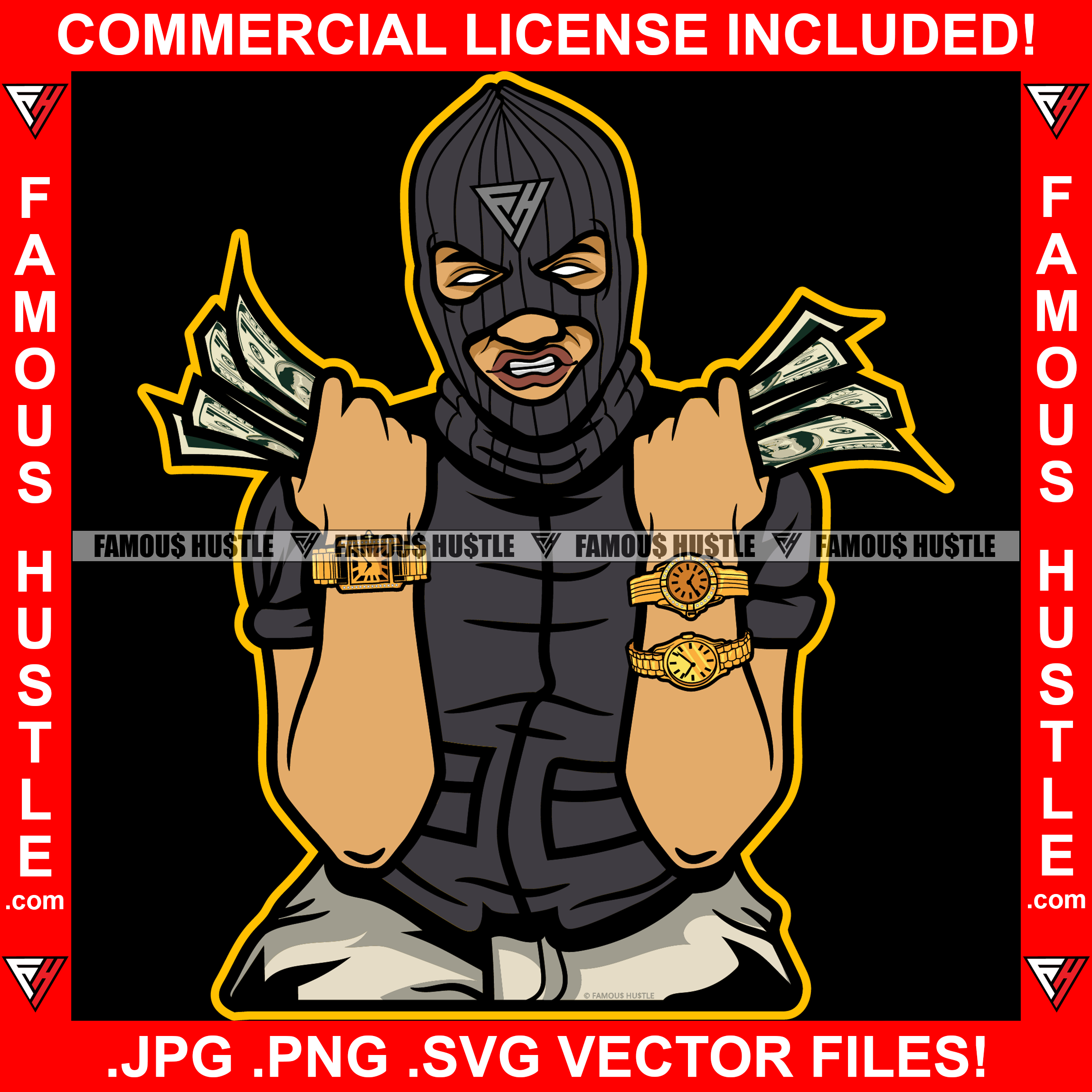 Gangster Hustle Man Ski Mask Two Money Stacks Male Robber White Eyes Face Mask Gold Teeth Watches Cash Hip Hop Rap Rapper Plug Trap Street Hood Gang Member Famous Hustle Art Graphic Design Logo T-Shirt Print Printing JPG PNG SVG Vector Cut File