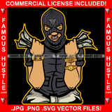 Gangster Hustle Man Ski Mask Two Money Stacks Male Robber White Eyes Face Mask Gold Teeth Watches Cash Hip Hop Rap Rapper Plug Trap Street Hood Gang Member Famous Hustle Art Graphic Design Logo T-Shirt Print Printing JPG PNG SVG Vector Cut File